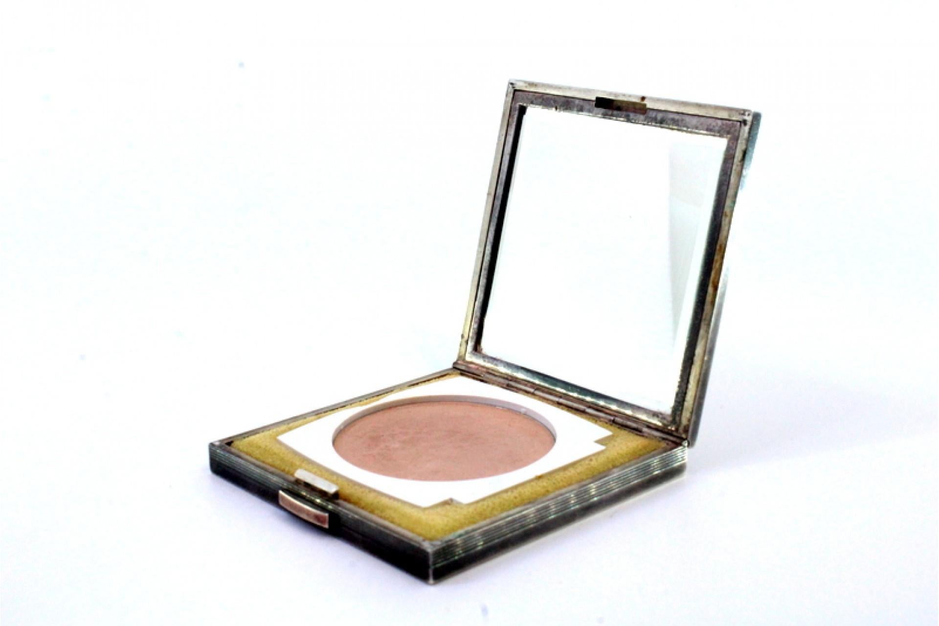 European Fluted silver toiletry box with gold band, mirror and powder case For Sale