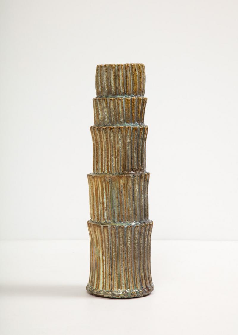 Fluted Stack vase #2 by Robbie Heidinger. Cylindrical vase form of glazed stoneware. Stacked and ribbed elements.