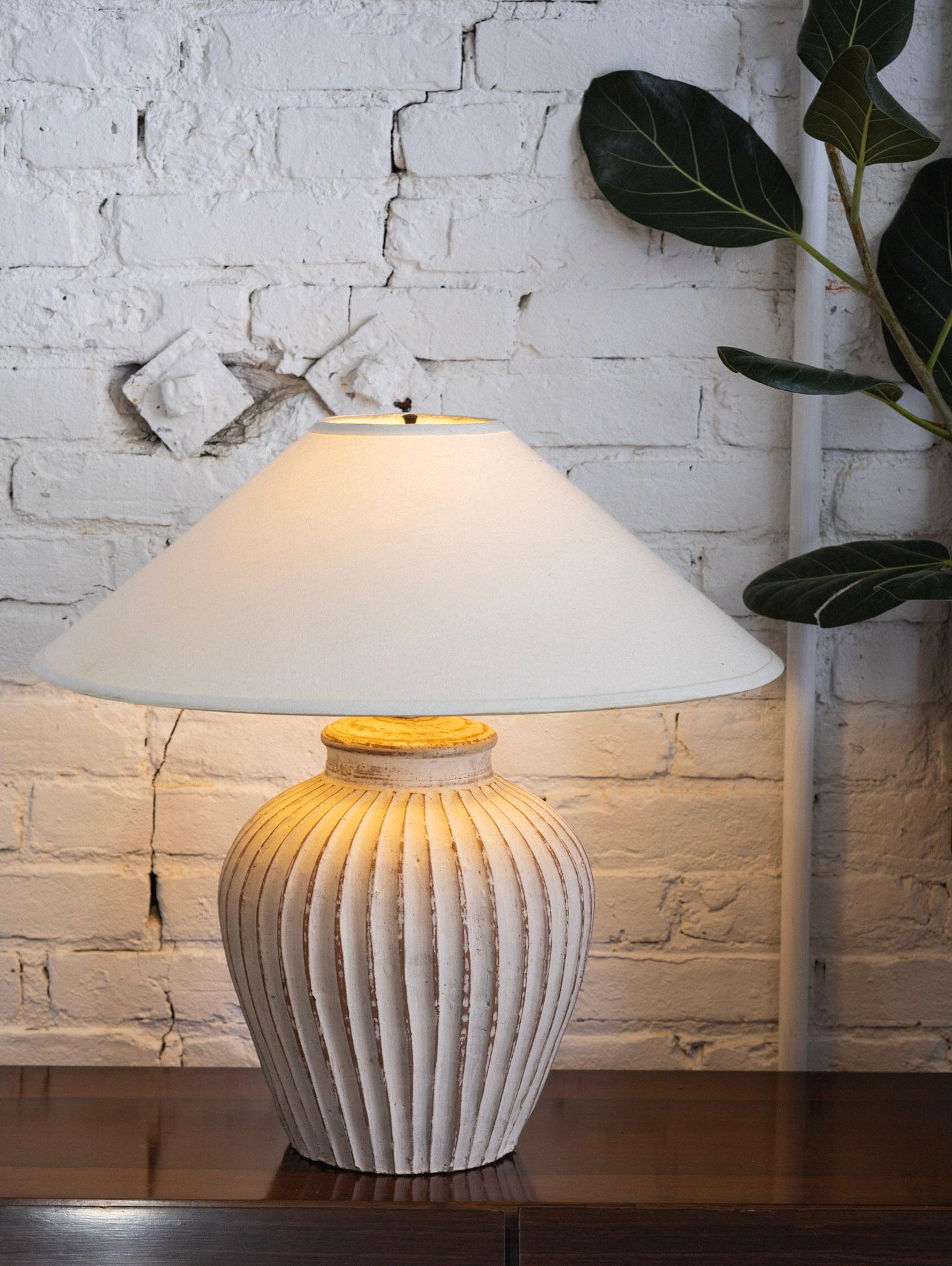Rustic Fluted Terra-Cotta White Washed Table Lamp For Sale
