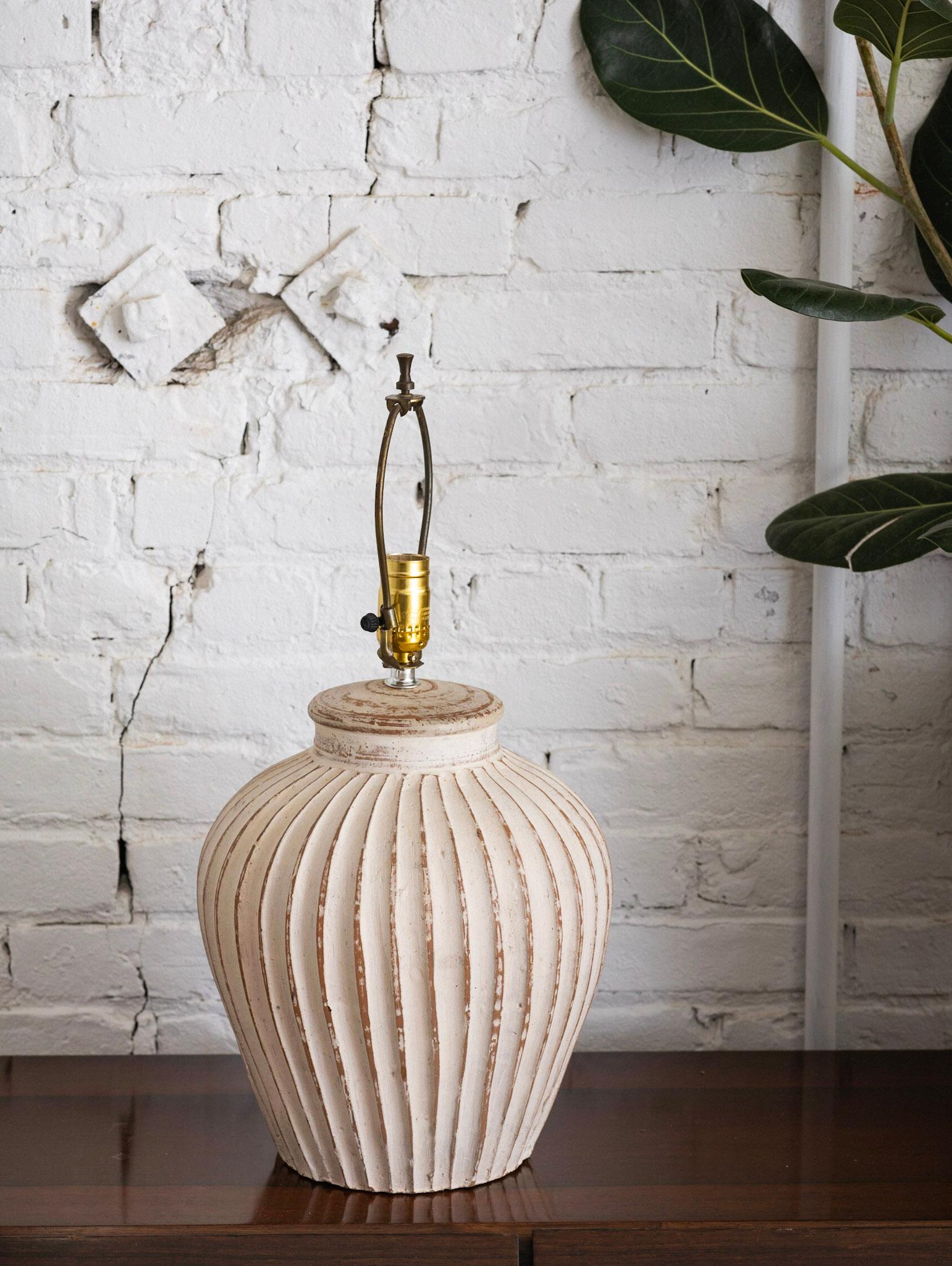 American Fluted Terra-Cotta White Washed Table Lamp For Sale