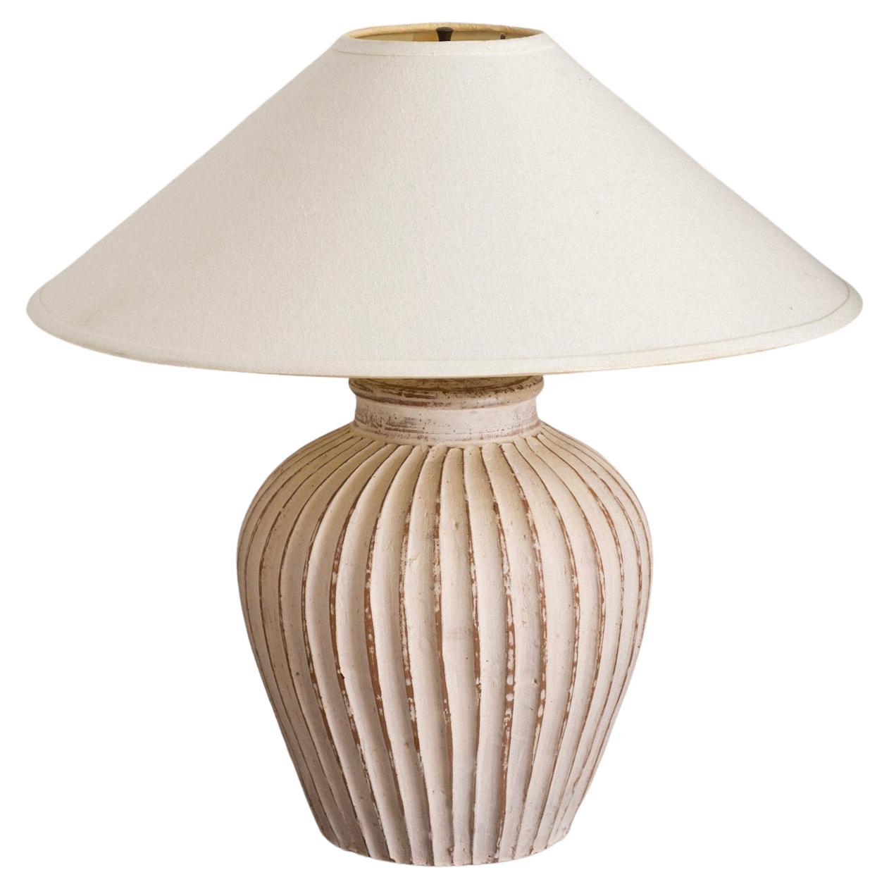 Fluted Terra-Cotta White Washed Table Lamp For Sale