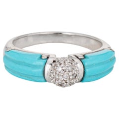 Fluted Turquoise Diamond Band Estate 18k White Gold Sz 6.5 Ring Fine Jewelry