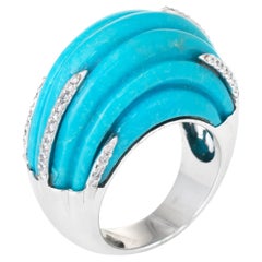 Fluted Turquoise Diamond Dome Cocktail Ring 18 Karat White Gold Fluted Turquoise Diamond Dome Cocktail Ring 18 Karat White Gold