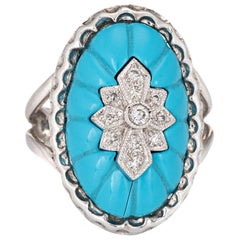 Fluted Turquoise Diamond Oval Cocktail Ring Vintage 14 Karat Gold Fine Jewelry