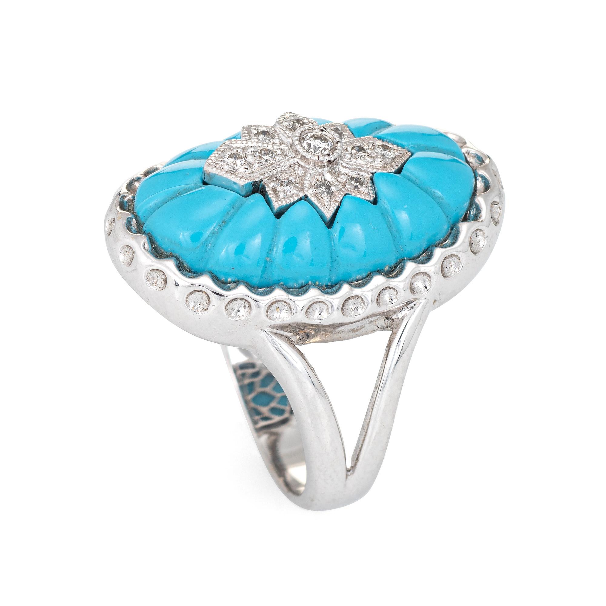 Elegant estate cocktail ring, crafted in 14 karat white gold. 

Fluted turquoise adorns the mount and totals an estimated 6.06 carats, accented with an estimated 0.13 carats of diamonds (estimated at I color and SI1 clarity). The turquoise is in