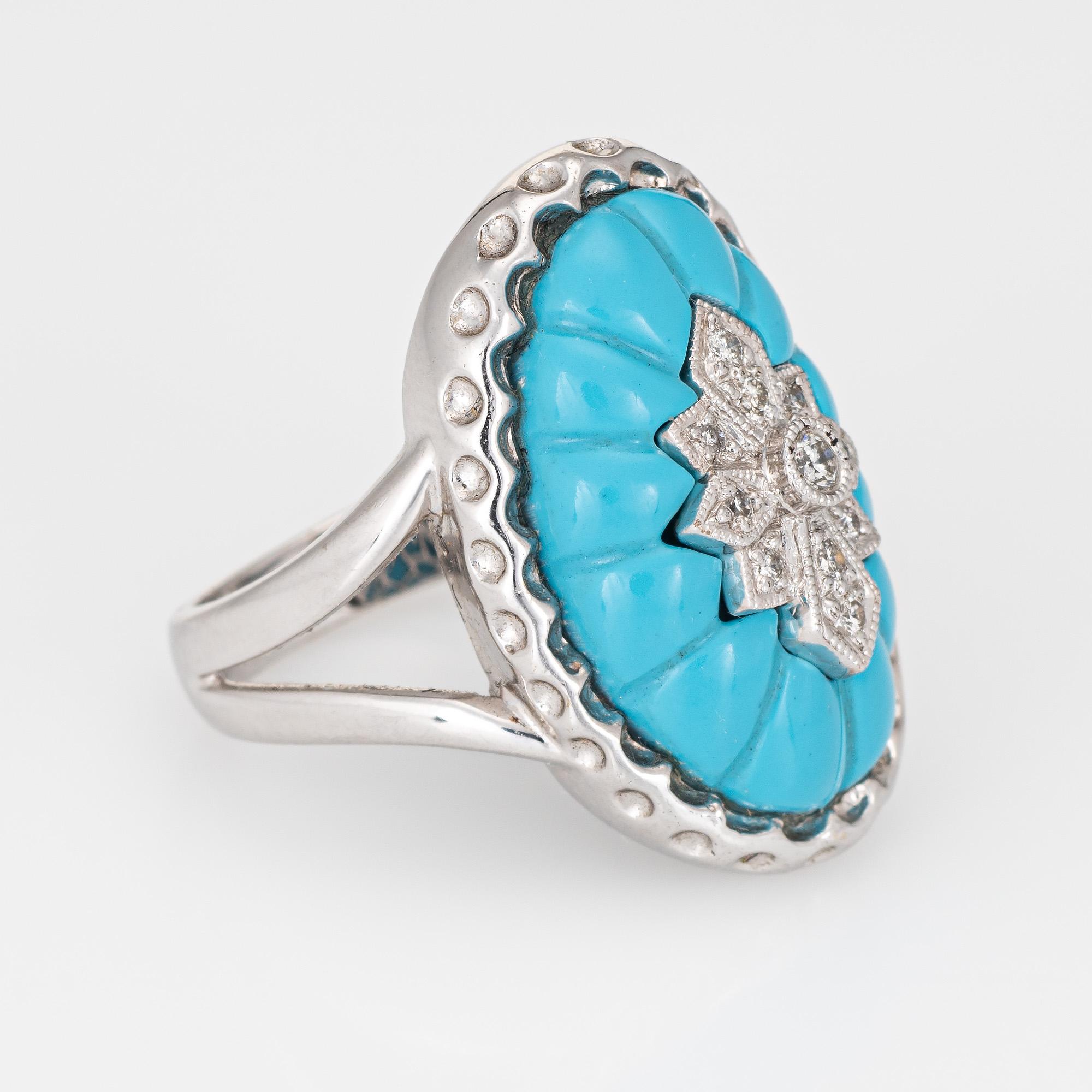 Modern Fluted Turquoise Diamond Oval Cocktail Ring Vintage 14 Karat Gold Fine Jewelry