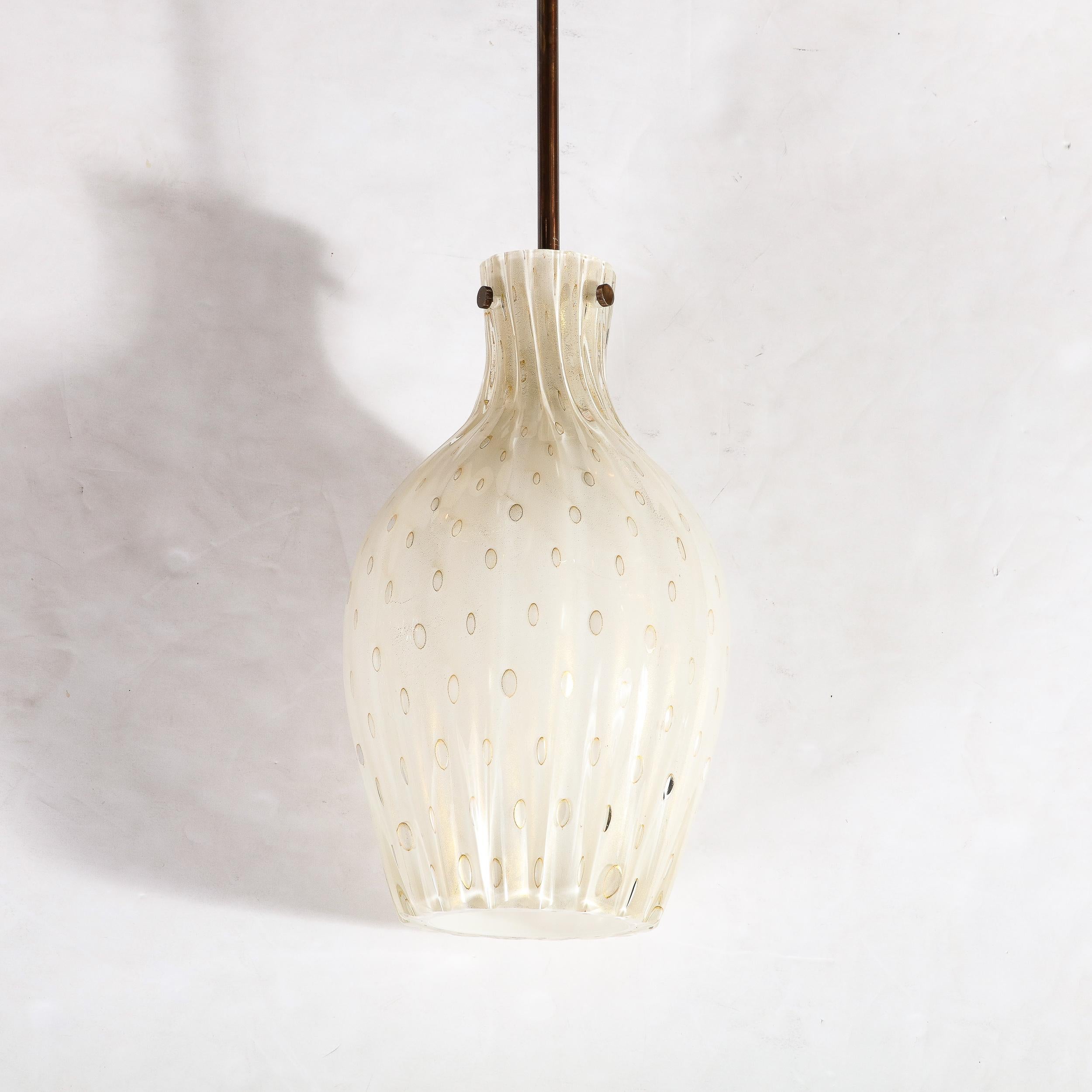 Fluted Urn-Form Murano White Glass Pendants with Antiqued Brass Fittings For Sale 2