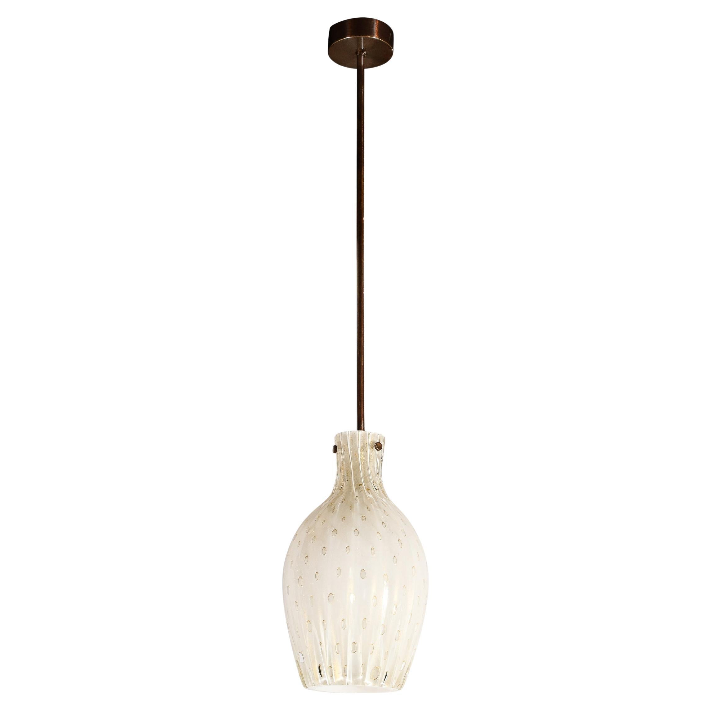 Fluted Urn-Form Murano White Glass Pendants with Antiqued Brass Fittings For Sale