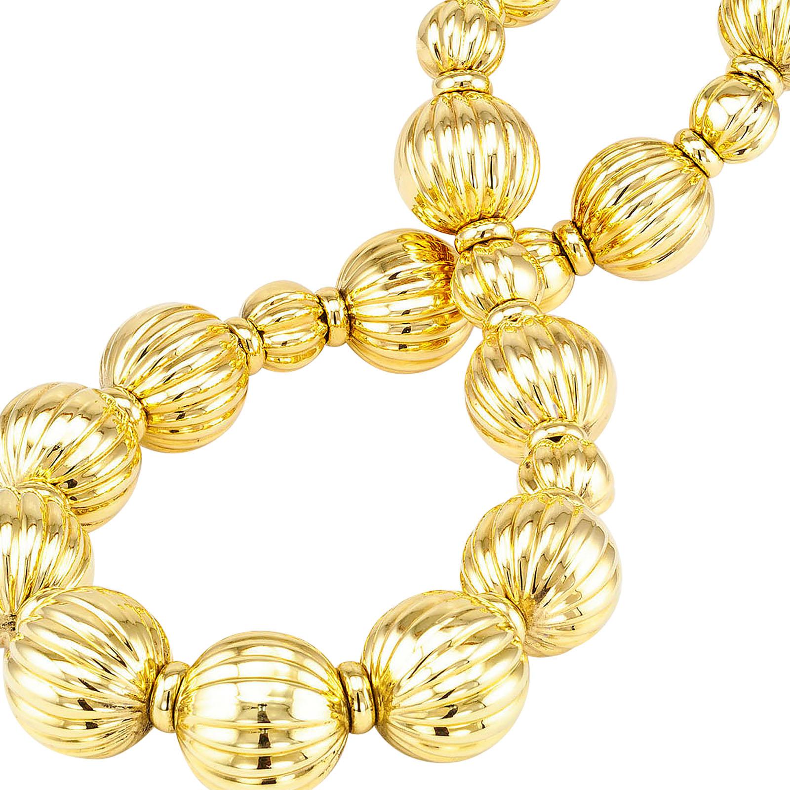 Women's or Men's Fluted Yellow Gold Bead Necklace