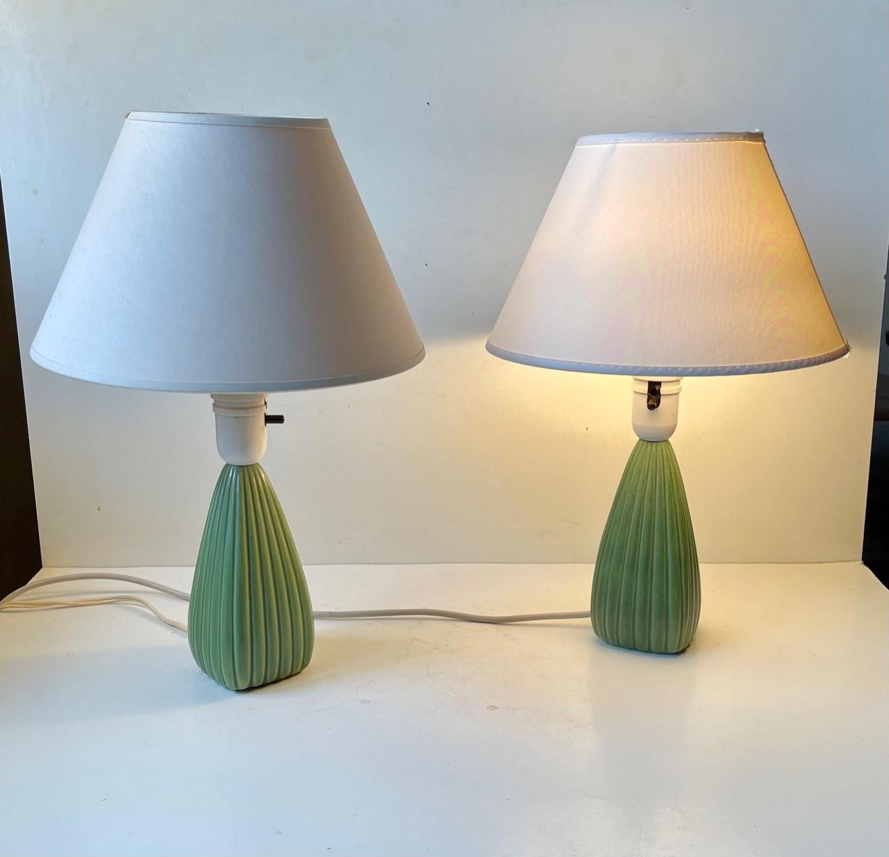 Danish Flutred Green Ceramic Table Lamps by Einar Johansen for Søholm, 1970s