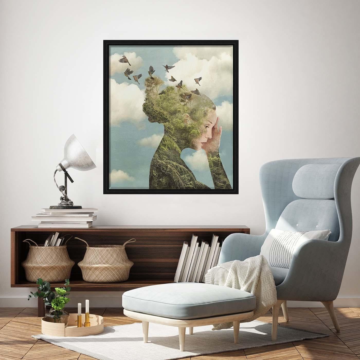 This work celebrates the artist's dreamlike Pop Surrealism. It portrays a woman protected by the green cloak of Mother Nature. She is lost in imaginative thought, which soars to the heavens like a flock of birds. Limited Edition digital painting,