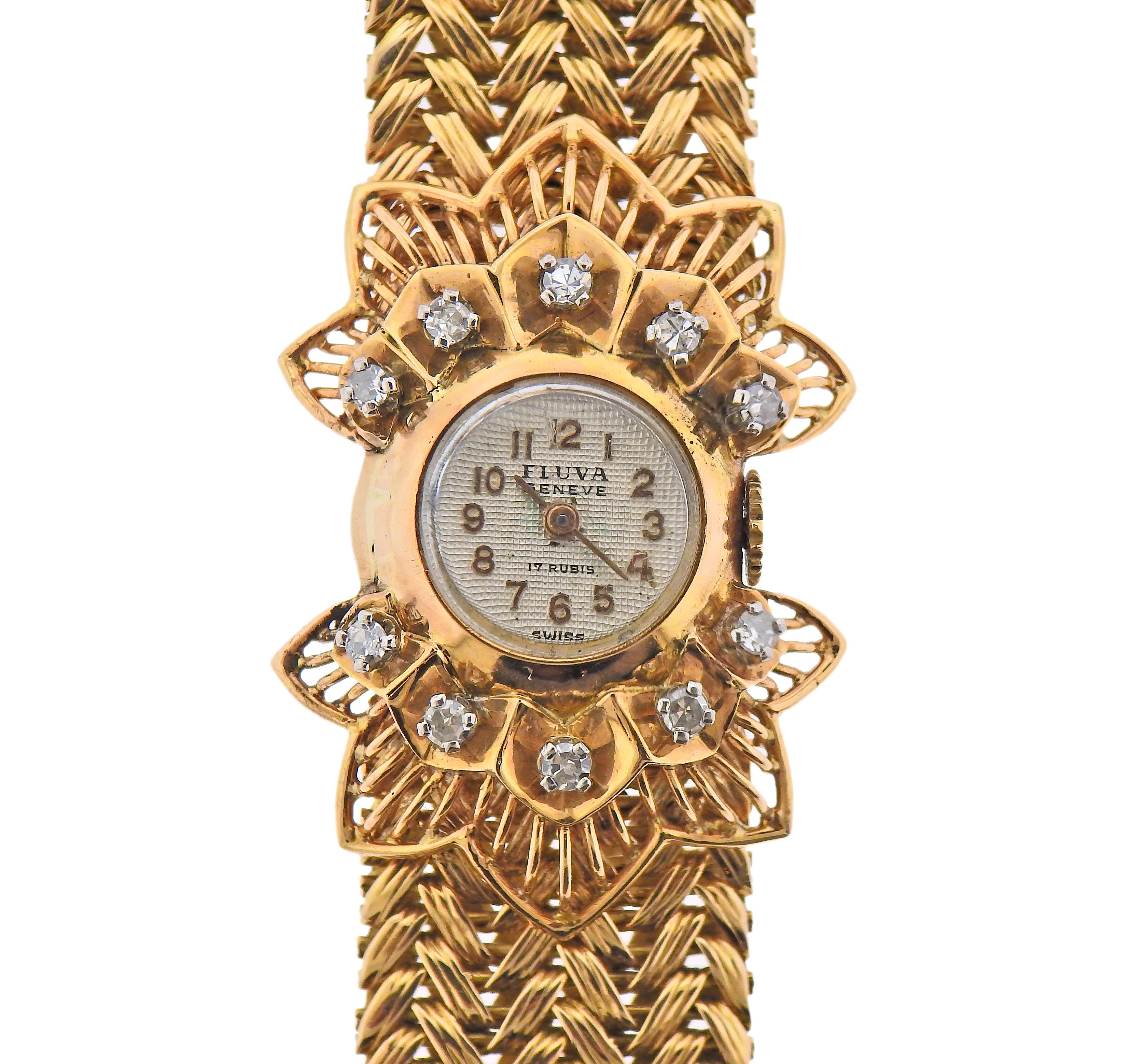 Circa 1940s Retro French-made Fluva 18k gold watch, decorated with approx. 0.50ctw in diamonds. Bracelet is 6.25