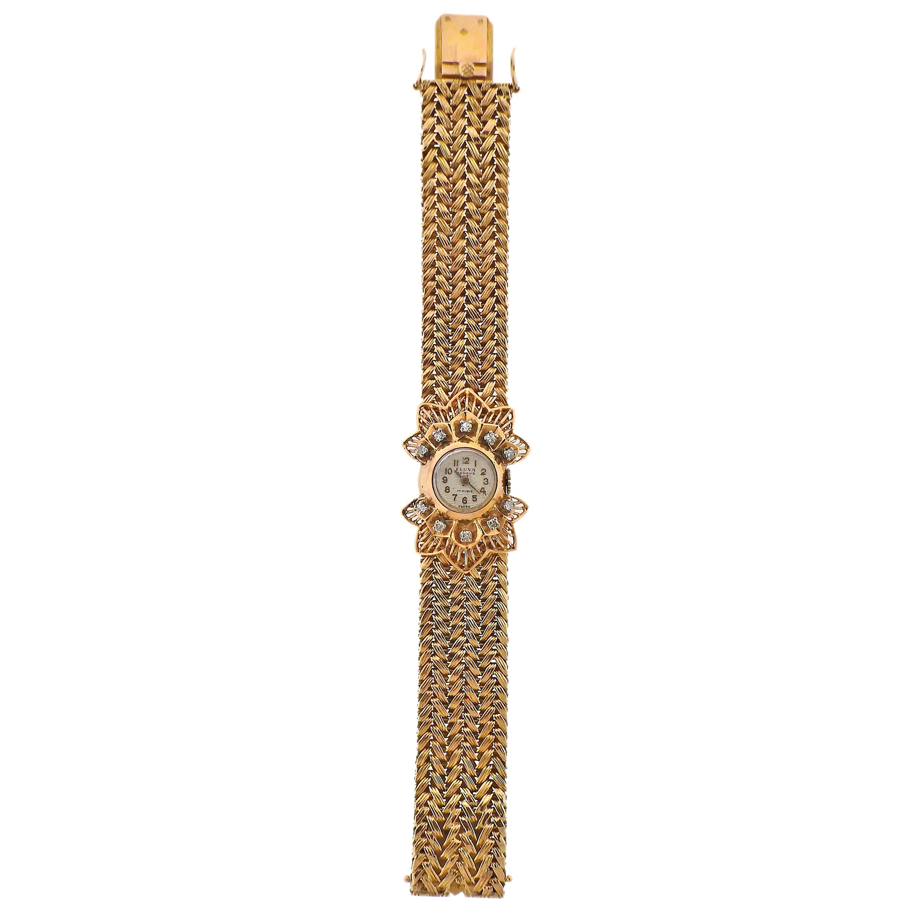 Fluva France 1940s Retro Diamond Gold Wristwatch