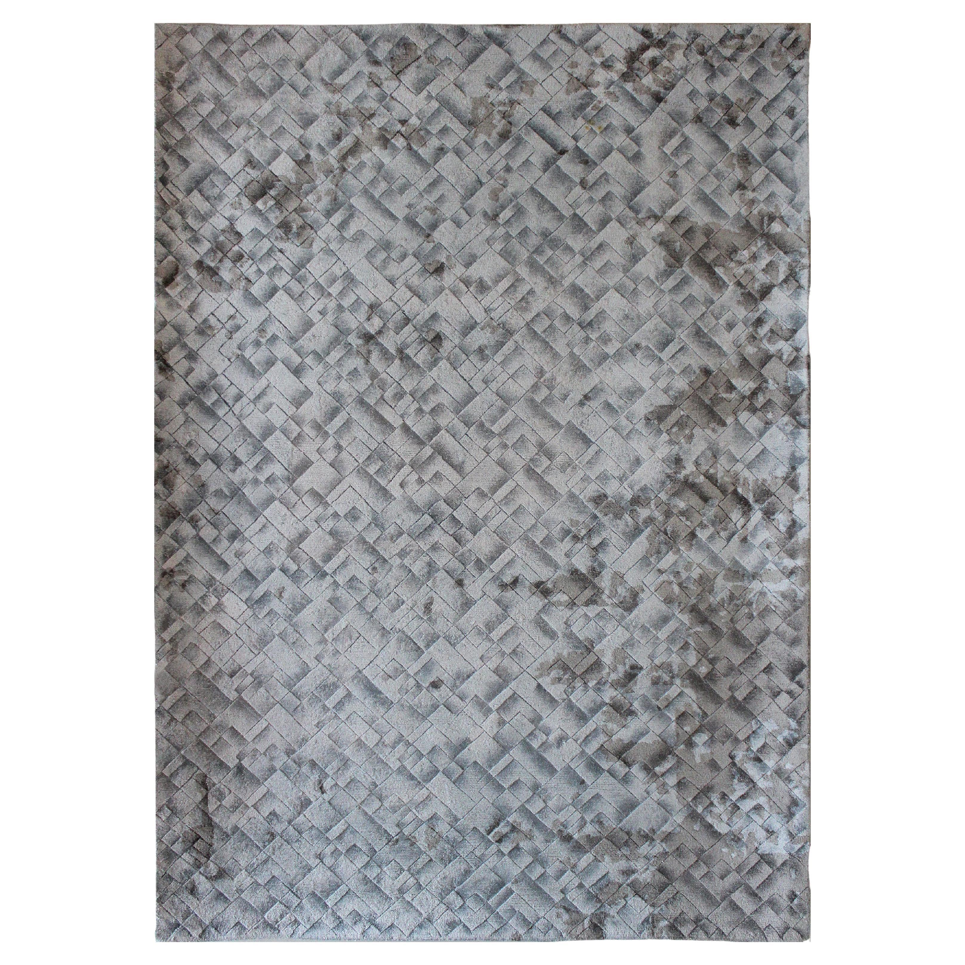 FLUVIAL - Tapis en soie moderne abstrait touffeté à la main, couleur gris ciel, fait main