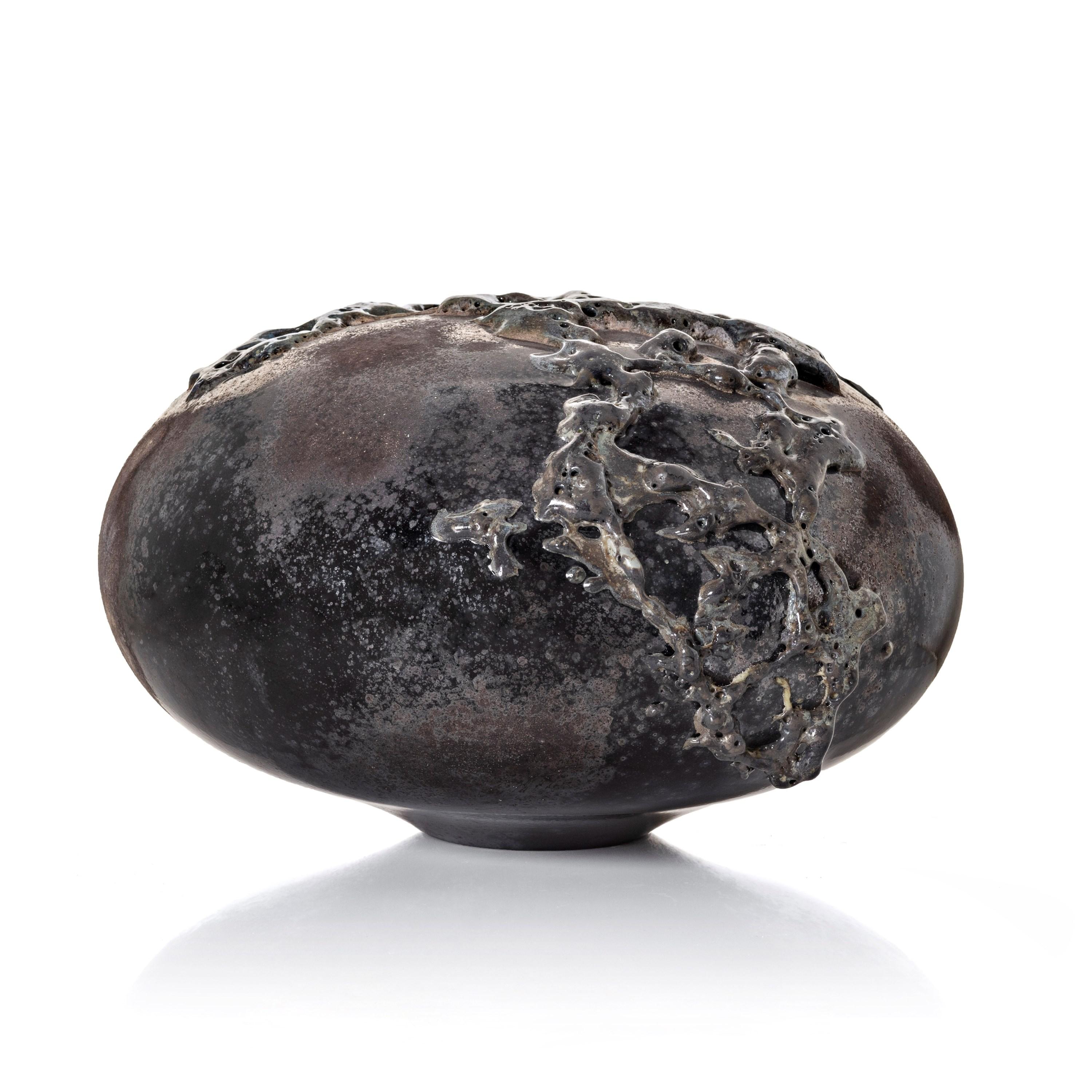 Organic Modern Flux Silver #0322, low round organic grey glass sculpture by Morten Klitgaard For Sale