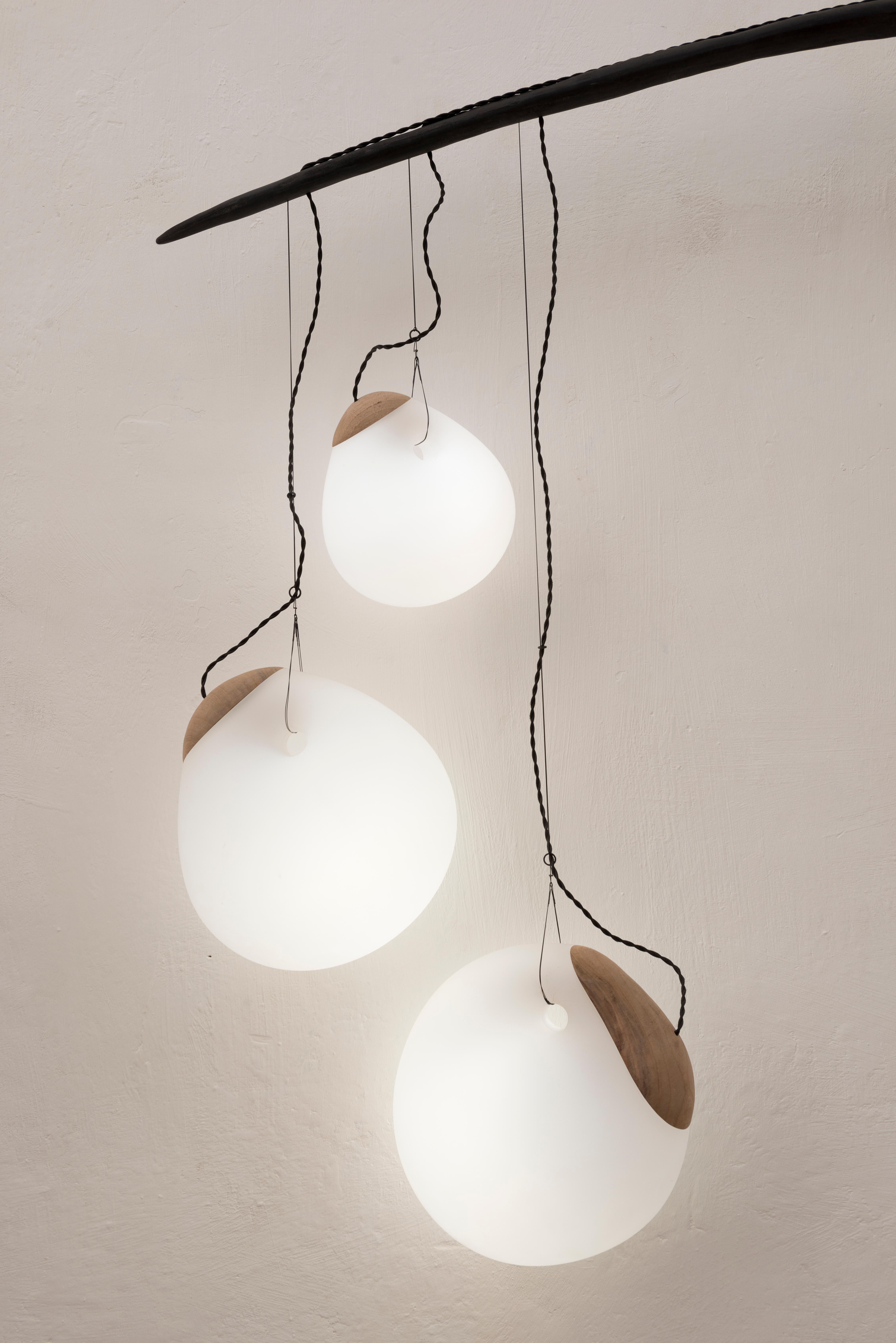 Organic Modern Curved Arch and Suspended Spheres Contemporary Wood Pendant by Jérôme Pereira For Sale