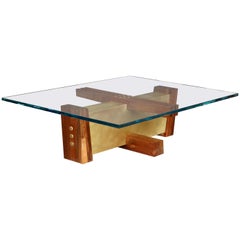 "FLW" Coffee Table in Glass, Walnut and Etched Brass by Studio Roeper
