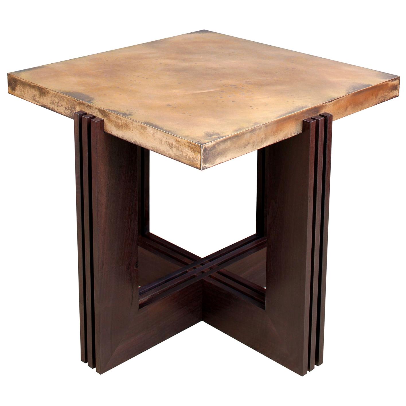 "FLW" Side Table in Etched Bronze and Ebonized Walnut by Studio Roeper For Sale