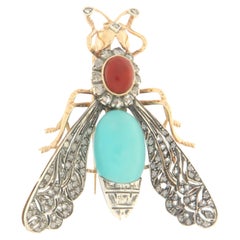 Fly 14 Karat Yellow Gold Diamonds Coral Turquoise Brooch