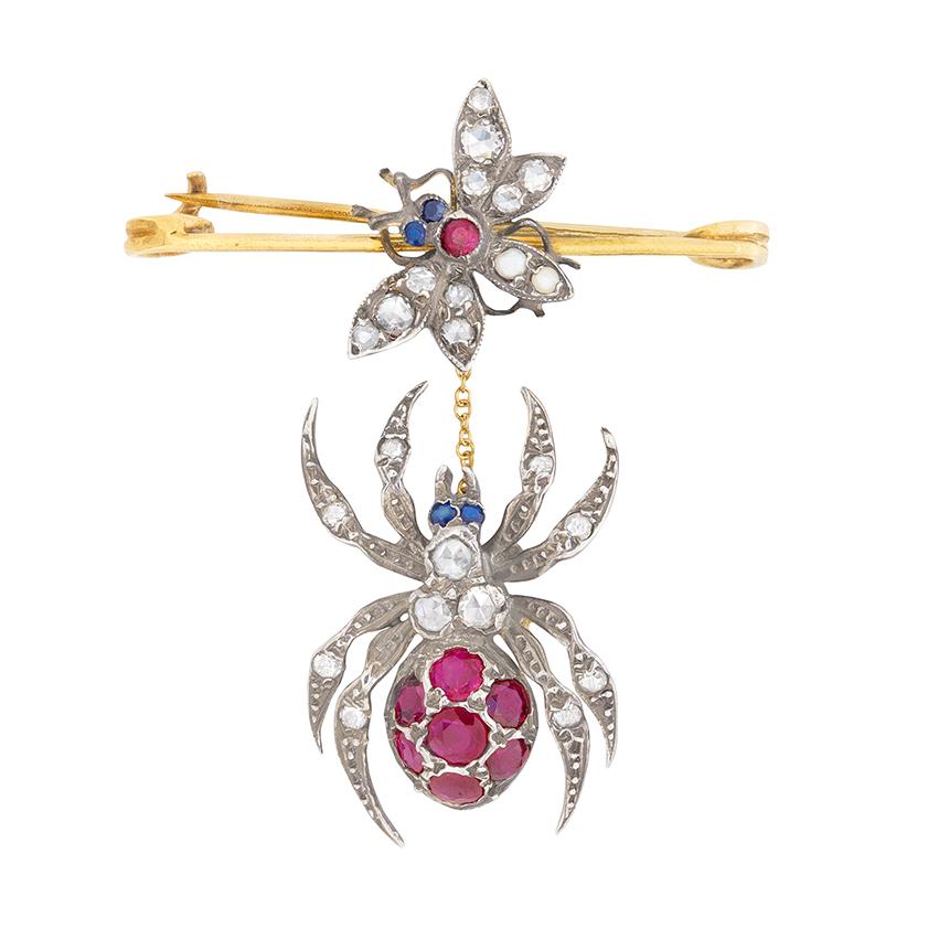 Rose Cut ‘Fly and Spider’ Diamond, Ruby and Sapphire Brooch, circa 1950s For Sale