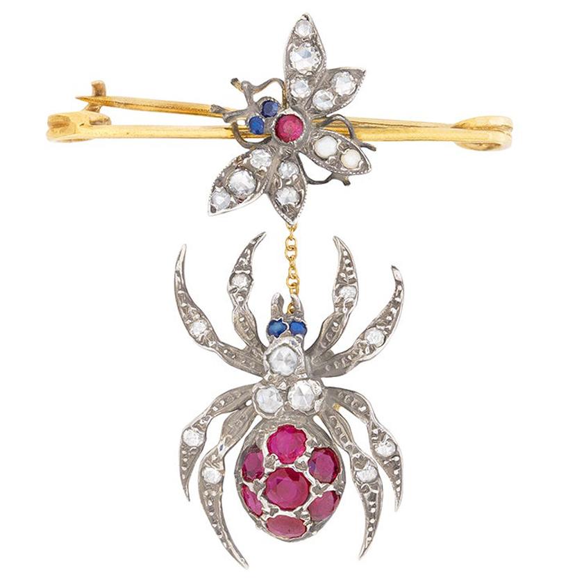 ‘Fly and Spider’ Diamond, Ruby and Sapphire Brooch, circa 1950s For Sale