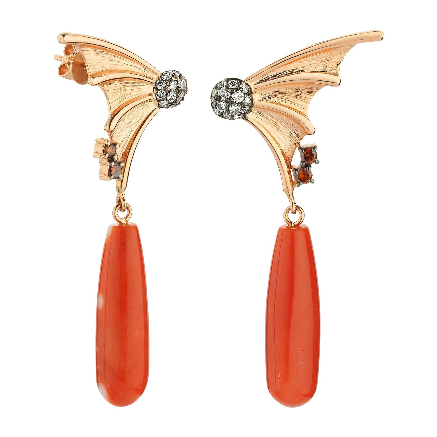 Fly Away Coral Earrings in 14k Rose Gold with Red & White Di̇amonds For Sale