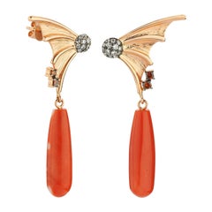 Used Fly Away Coral Earrings in 14k Rose Gold with Red & White Di̇amonds
