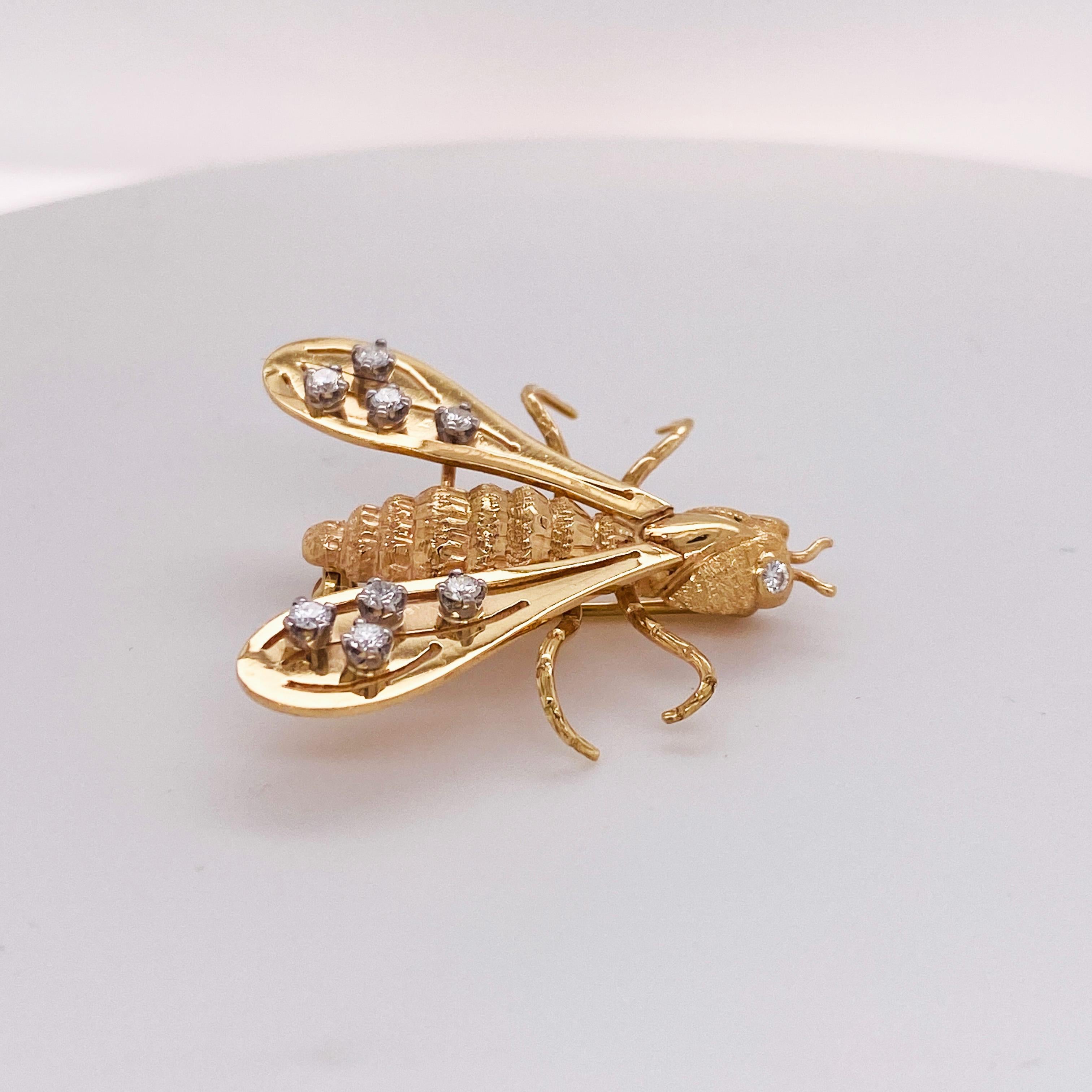 Diamond Fly Wasp Brooch. Come Fly Away w this gorgeous 14 karat yellow gold and diamond brooch. The brooch is solid 14 karat gold and has four diamonds on each wing and a diamond in each eye. The details of this diamond fly is magnificent!  The
