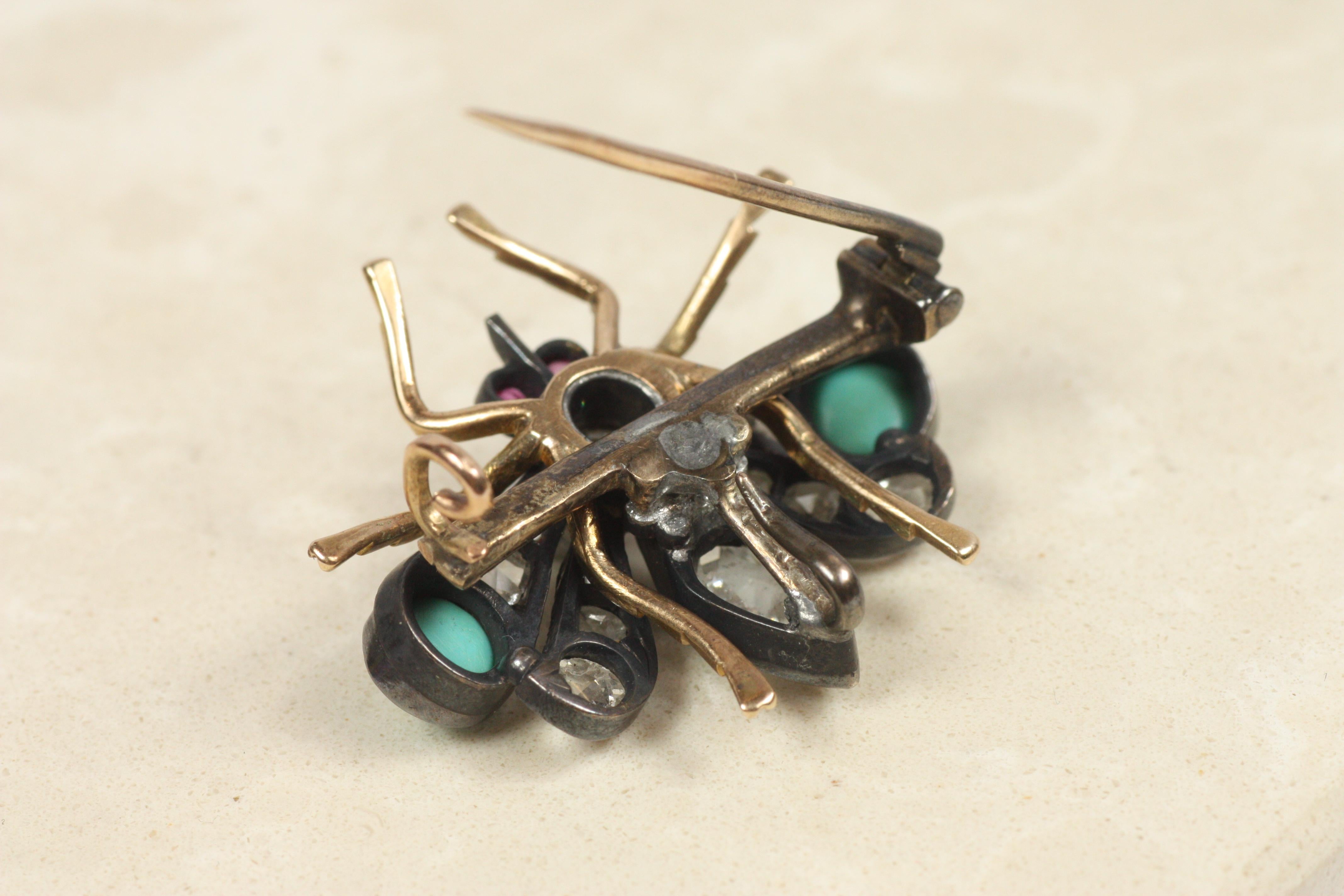 Fliegenbrosche um 1900 - Alte Mine & Diamanten im Rosenschliff, burmesische Rubine, Türkis im Angebot 3