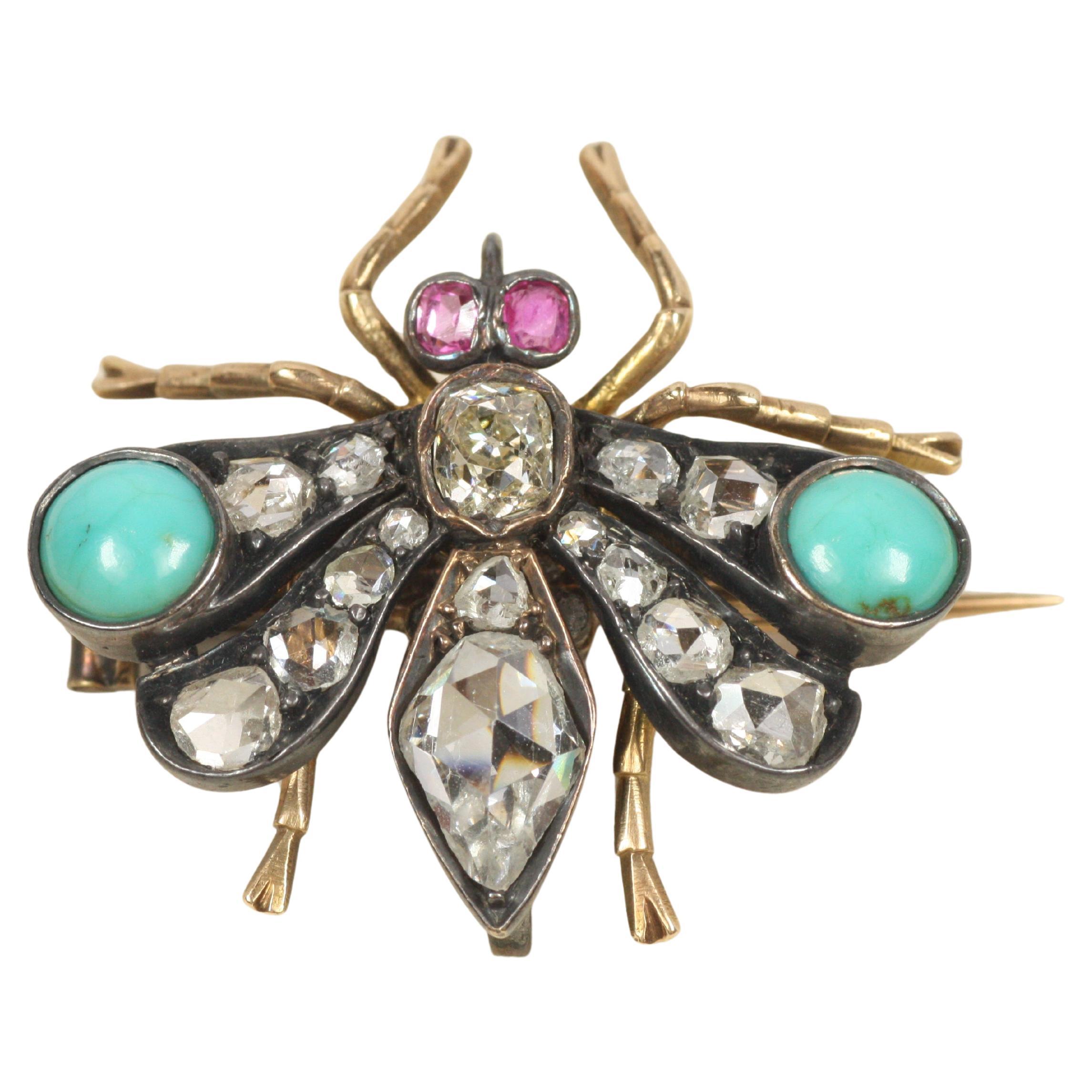 Broche mouche c.1900 - Diamants Mine et Rose Cut, Rubis de Birmanie, Turquoise