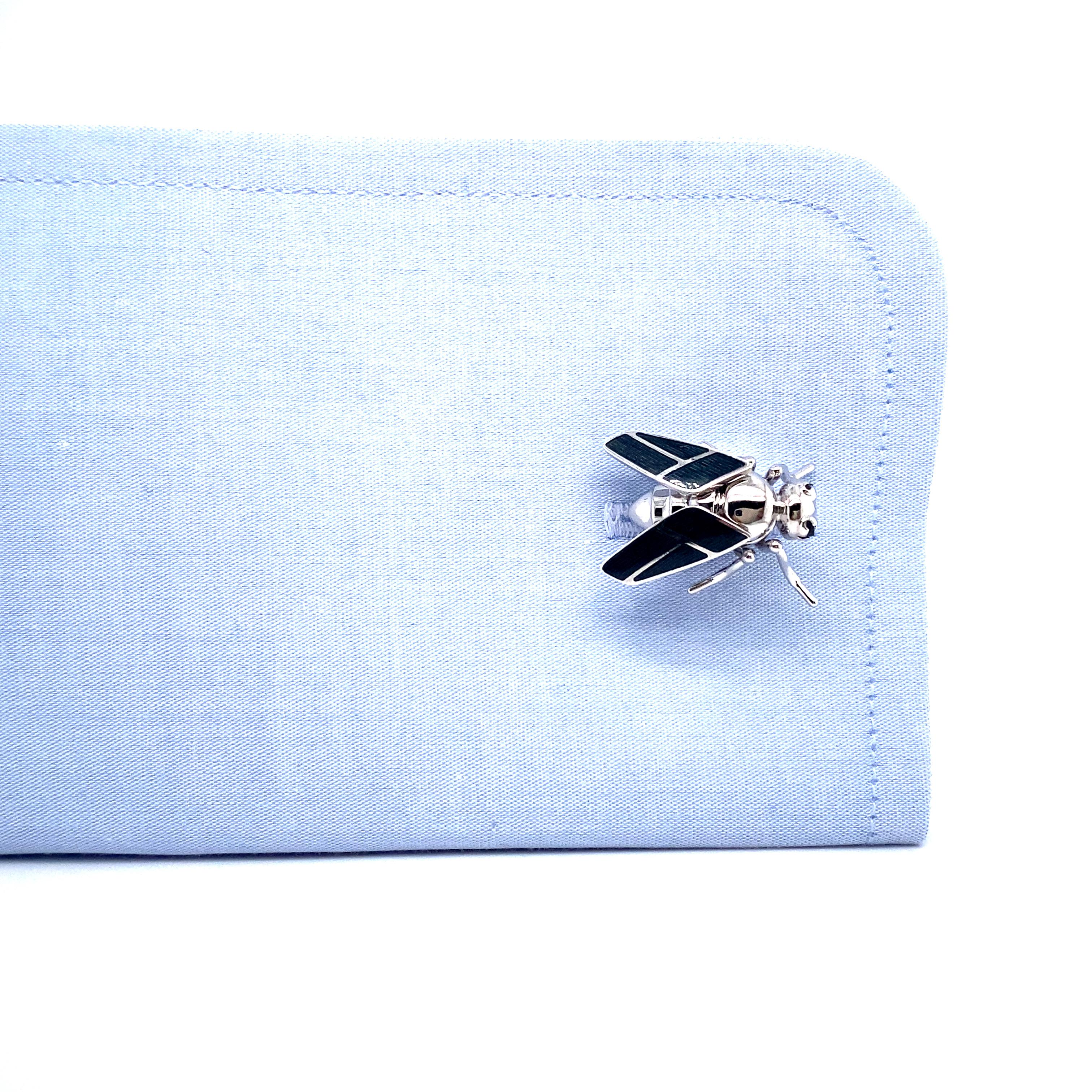 Women's or Men's Fly Cufflinks - 18k White Gold - Grey Enamel - Black Tourmaline For Sale