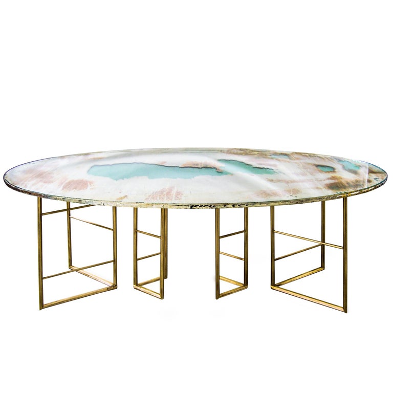 "Flight" contemporary Dining Table, Double Silvered Glass Top, cast