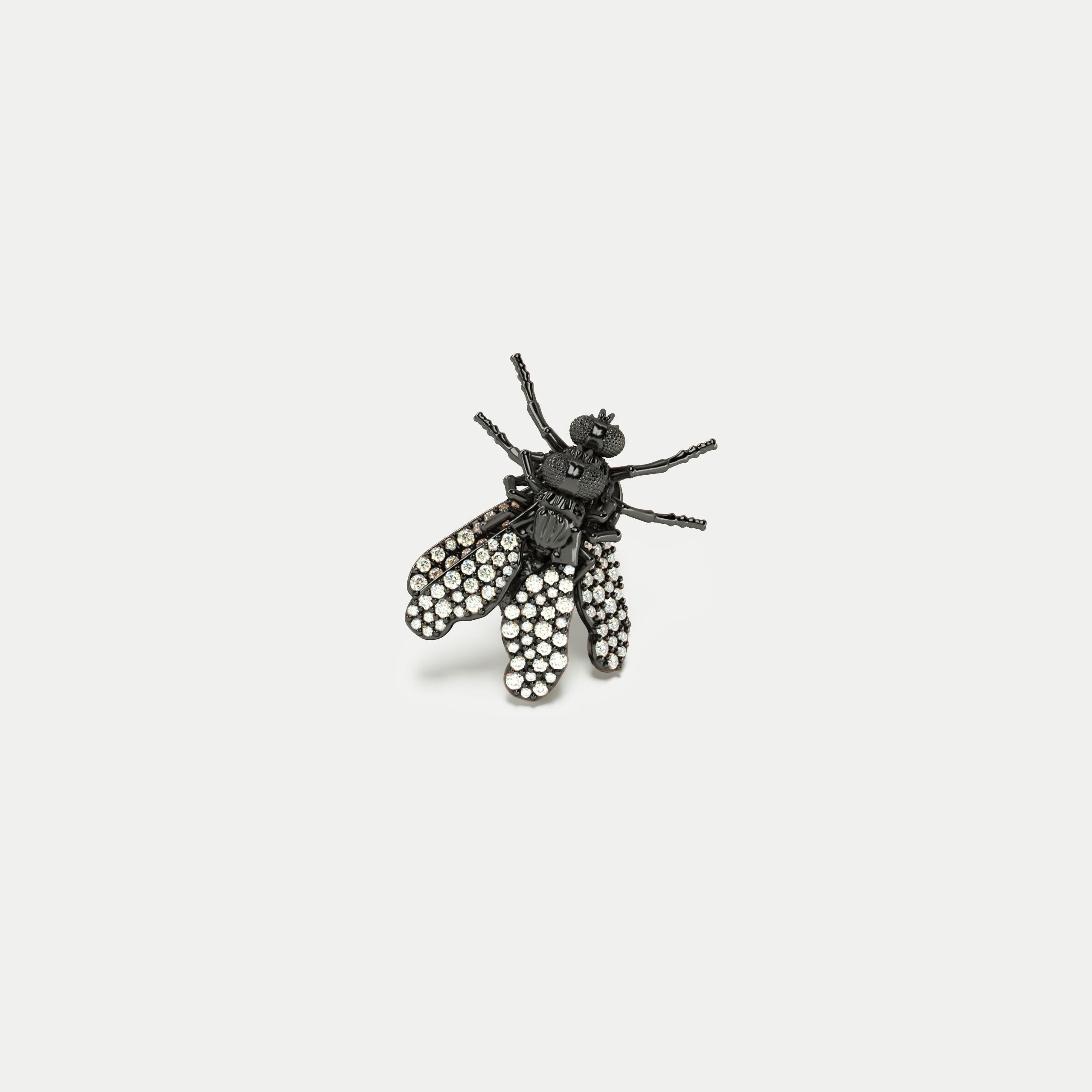 Golden Stud Fly on Fly Earring, 18K Black Gold with White Diamonds
83u. (1mm Ø) H/SI

Mono earring in the shape of two hyperrealistic flies is made of 18K black gold with white diamonds, full pavé.
The post and backing are made of steel, which