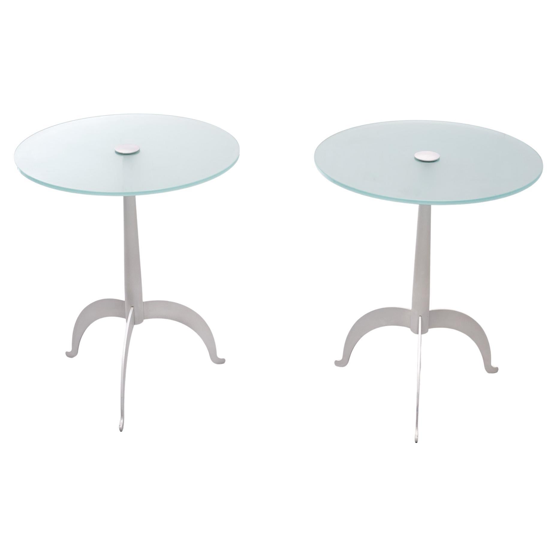 Two lovely side tables. Tripod steel base, light grey color comes with a thick Greenish glass top . Signed ''Fly-Line Italy '' Attributed to Designer Giandomenico Belotti, good condition.