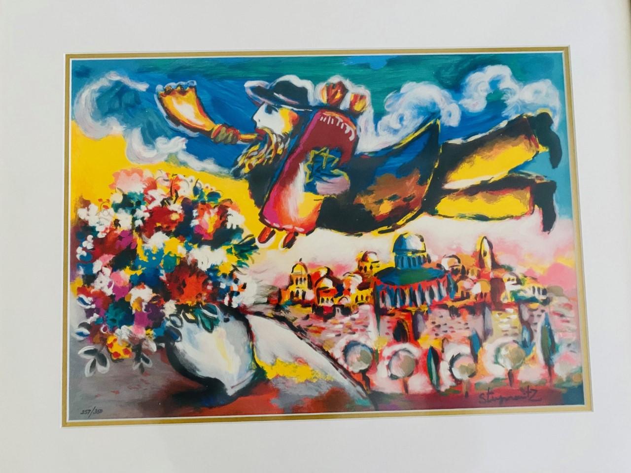 Expressionniste Fly Over Jerusalem de Zamy Steynovitz, sérigraphie encadrée et signée, 1990 en vente