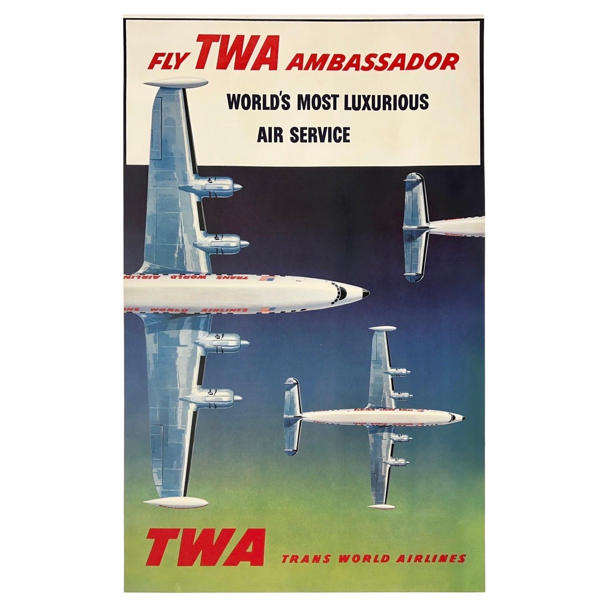 FLY TWA AMBASSADOR TRANS WORLD AIRLINES Original Vintage Airline Travel Poster