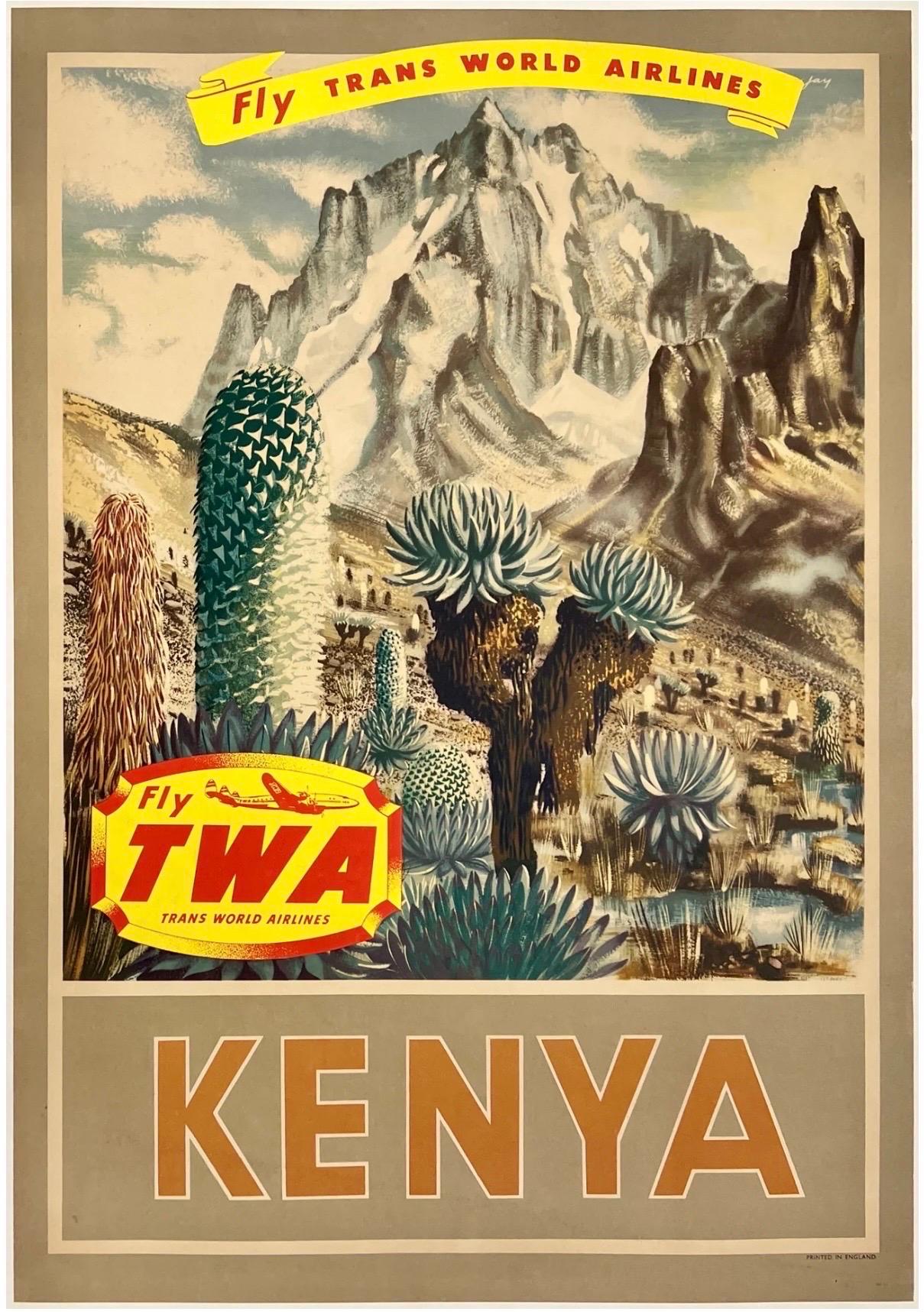 FLY TWA - KENYA - TRANS WORLD AIRLINES Poster originale della compagnia aerea d'epoca