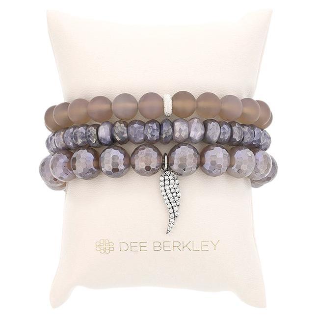 FLY WITH ME. Gray Agate 3 Bracelet Stack with Sterling Silver and CZ Feather For Sale