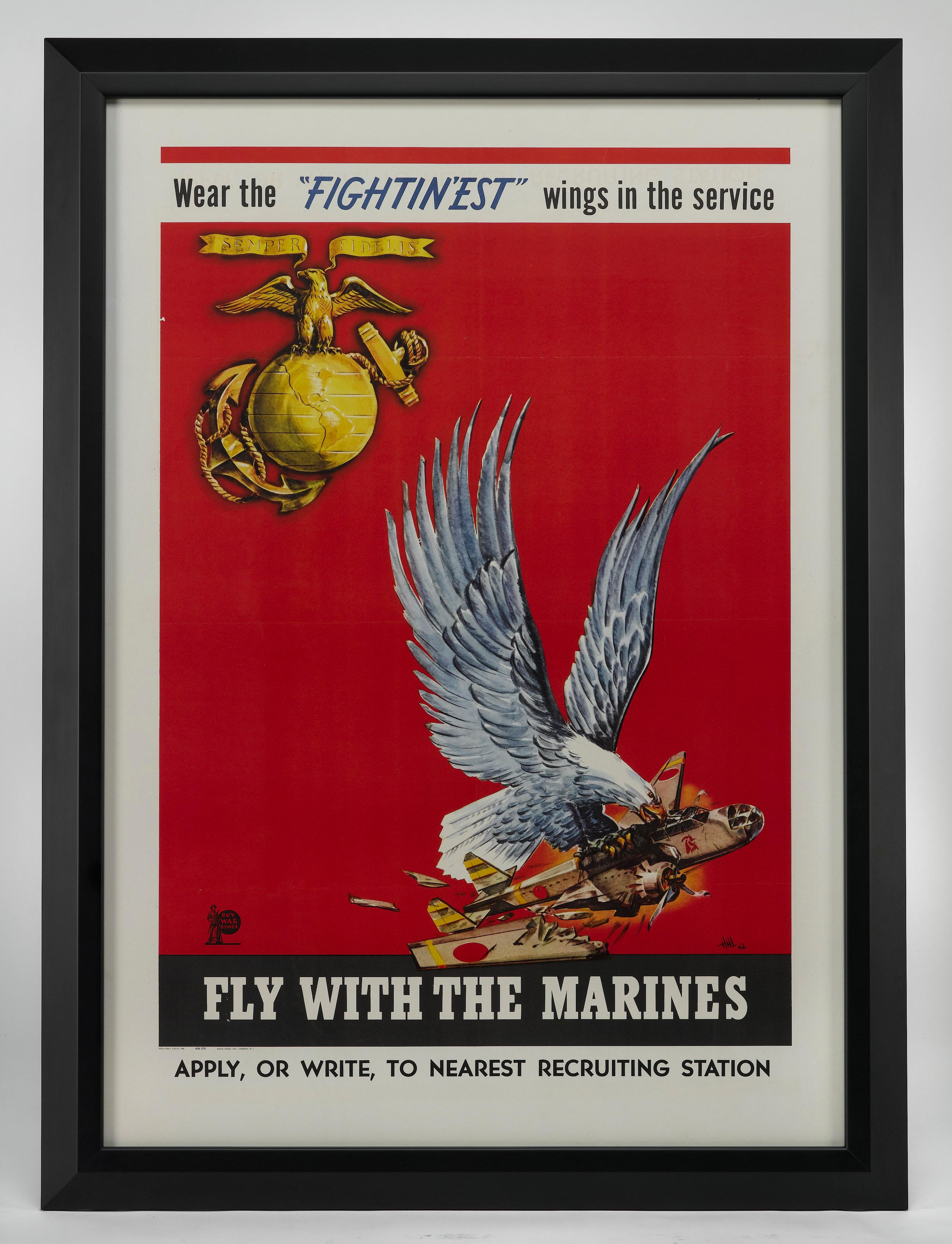 This is an original World War II Marines recruitment poster from 1942. The poster, a color lithograph, was printed by the Alpha Litho. Co., out of Camden, NJ. 

In the center of the composition appears a striking blue eagle, which tears apart a