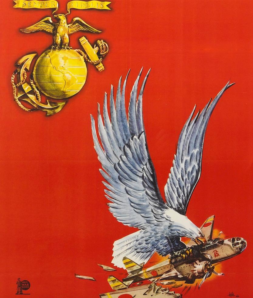 Presented is an original Marines World War II recruitment poster from 1942. It was produced by the Alpha Litho. Co., out of Camden, NJ. In the center of the composition appears a blue eagle, which tears apart a Japanese plane with its talons. The