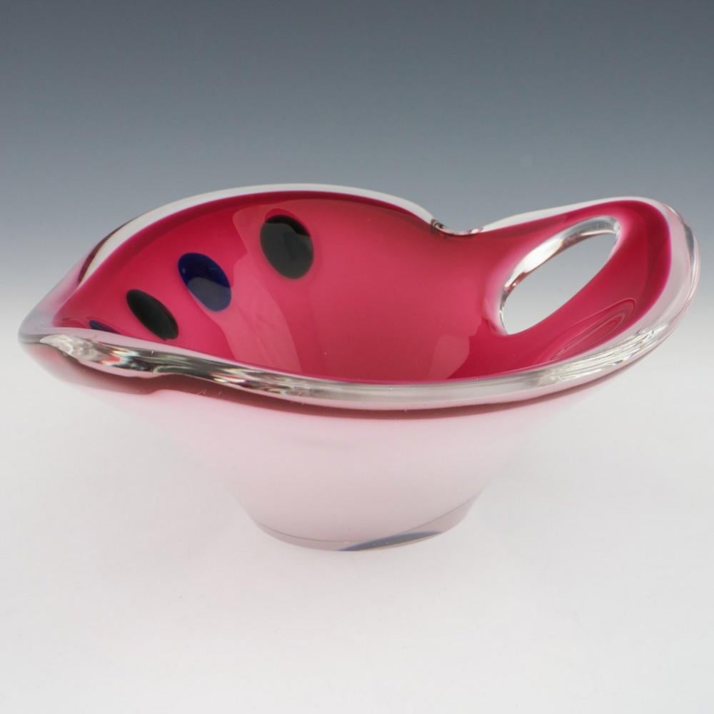 Heading : Flygsfors Coquille 'Artist's Palette' dish
Date : Designed 1960
Origin : Sweden
Bowl Features : Pink glass cased in clear in the shape of an artist's palette with green and blue 'paints'
Type : Lead
Size :  10.2cm height, 23x30cm
Condition