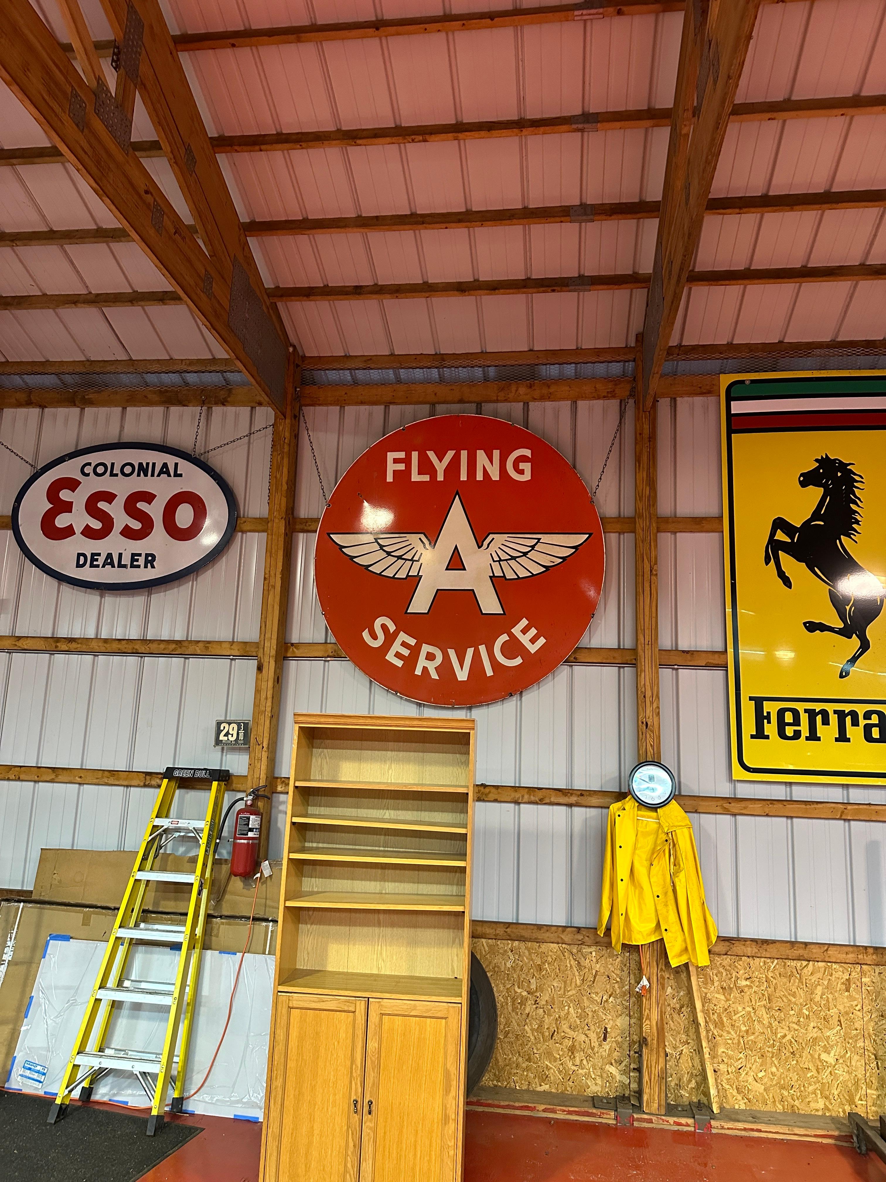 This is an original circa 1930s Flying A Service steel enameled sign, an exceptional example of vintage automobilia and classic Americana. Retaining its beautiful, period-correct patina, the sign displays only minimal enamel loss and light oxidation