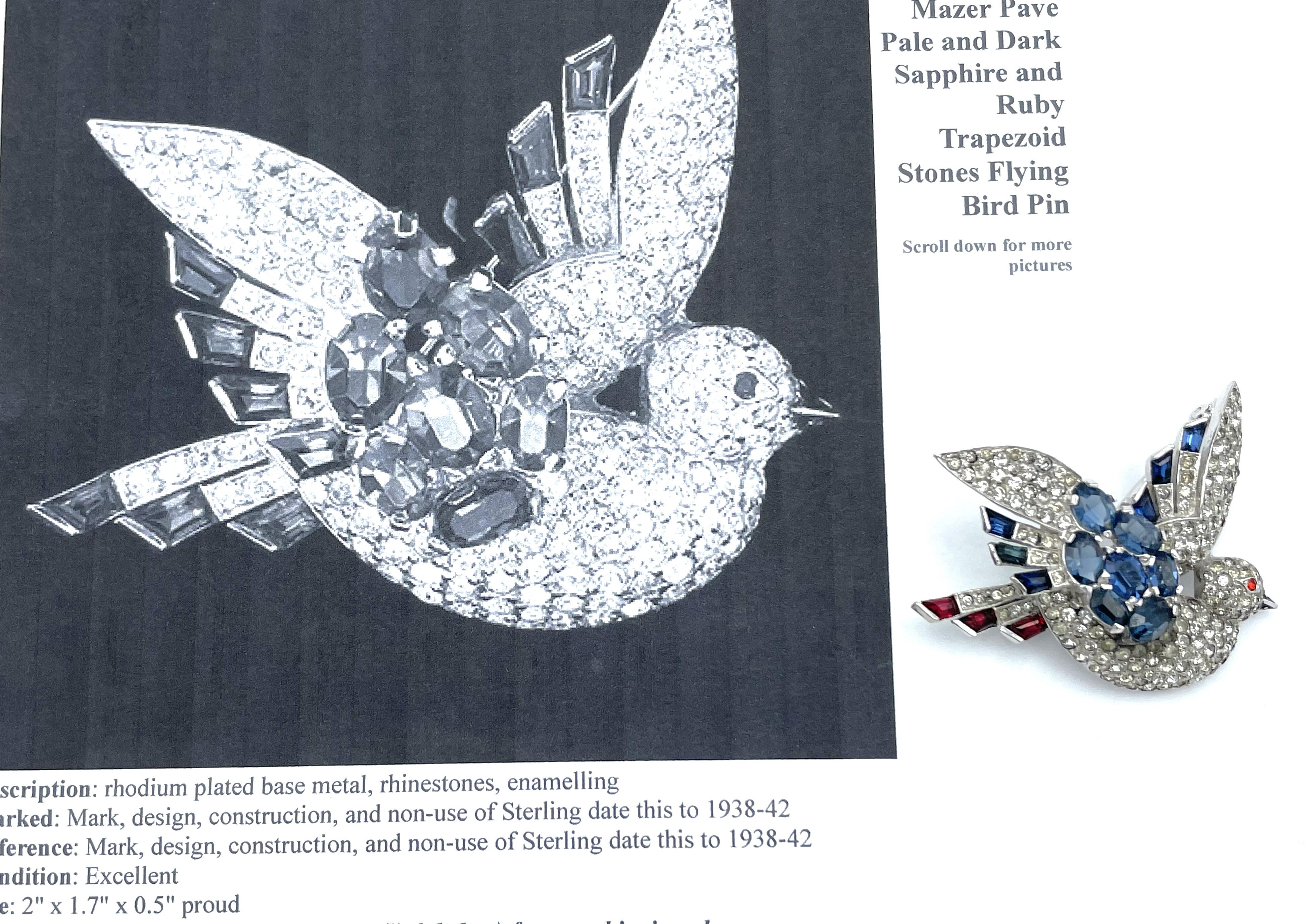 Flying Bird brooch by Mazer USA, Rhodium plated bas metal, rhinestones 1938-42  For Sale 1
