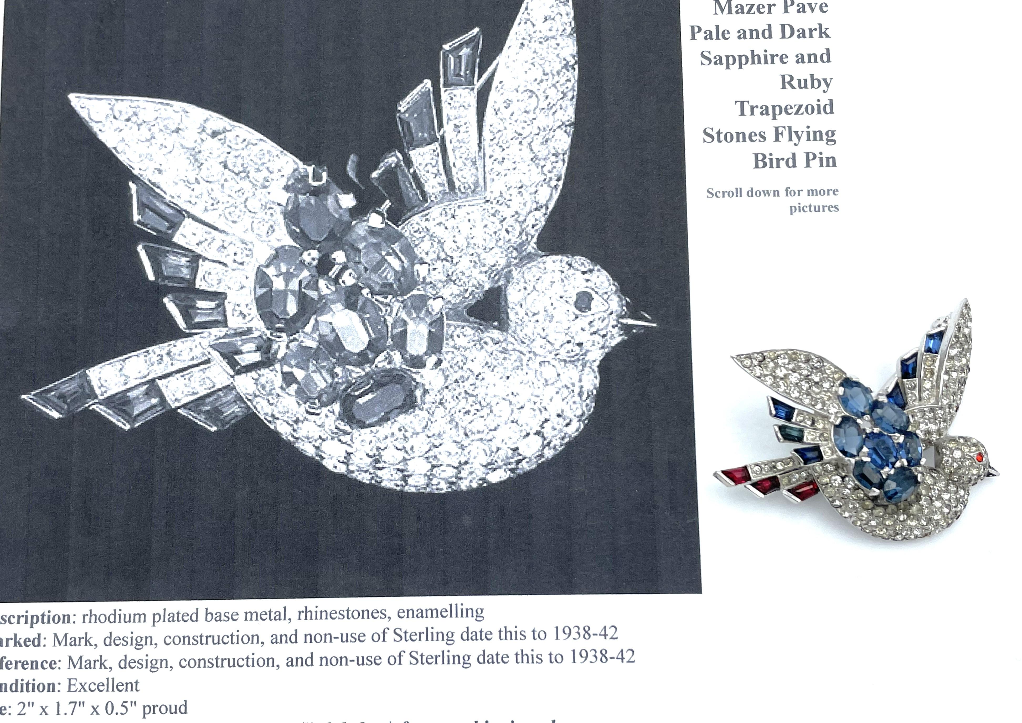 Broche Oiseau patriotique volant par Mazer USA, strass, plaqué Rhodium 1938-42 en vente 4