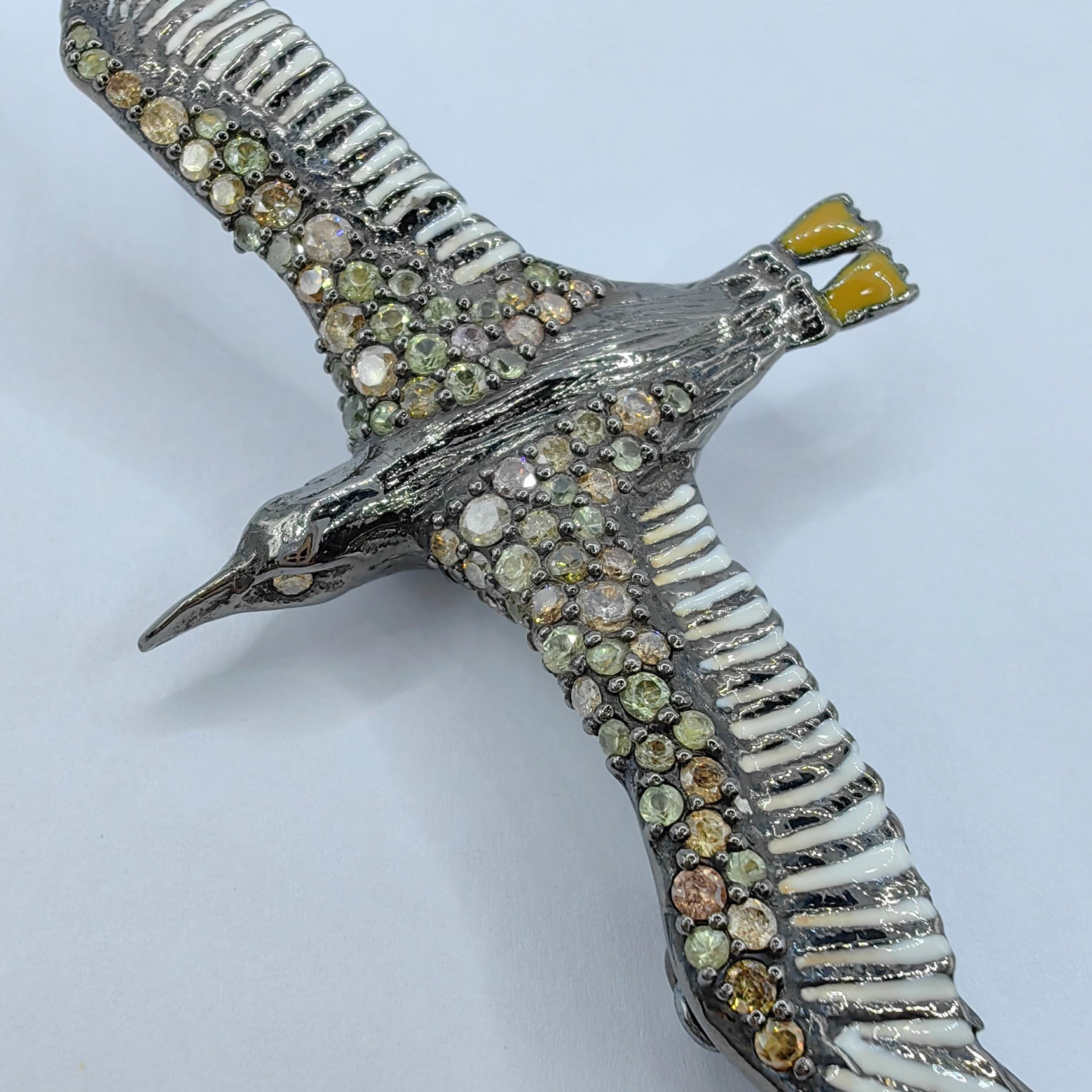 Contemporary Flying Bird Diamond and Sapphire Enamel Necklace Pendant in Sterling Silver