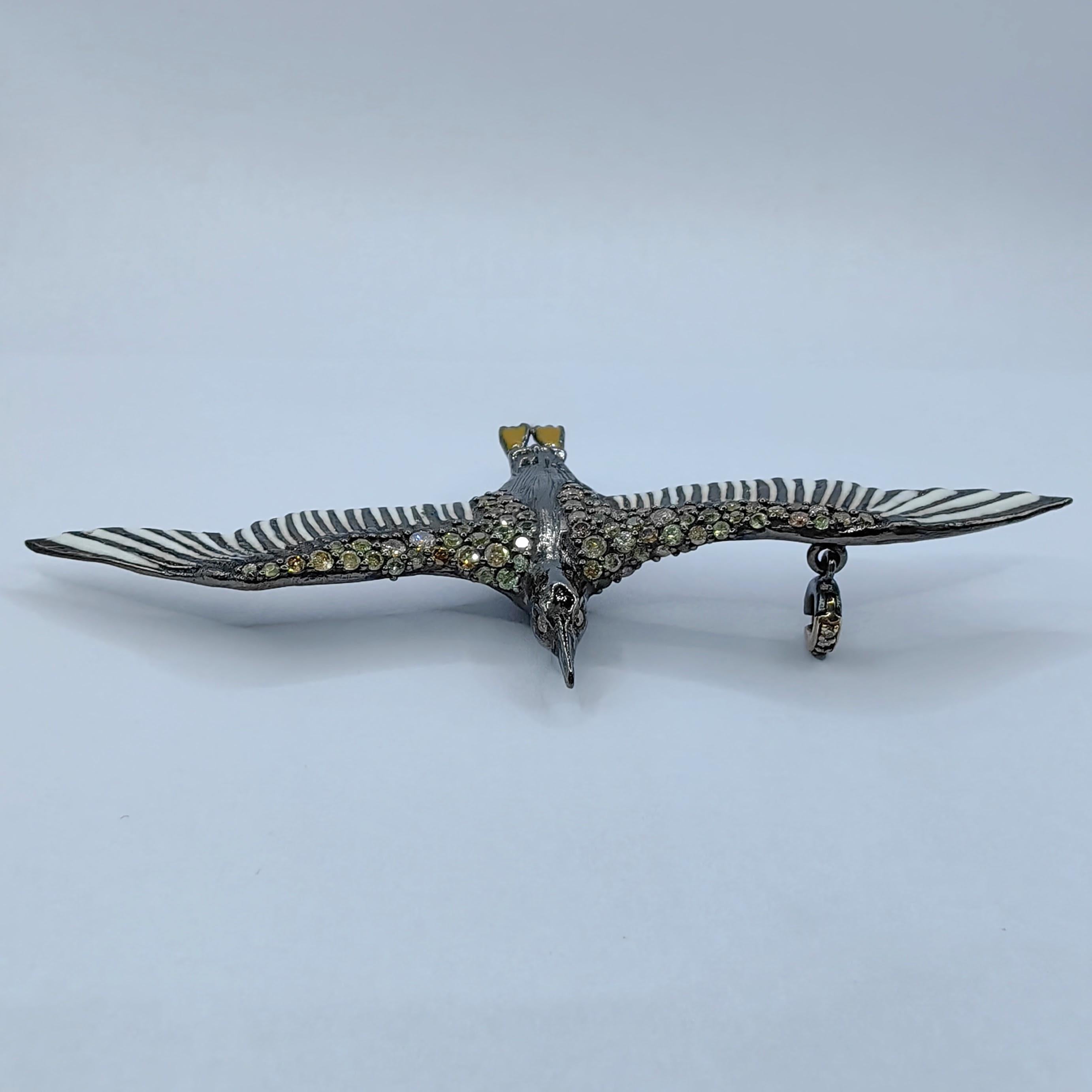 Round Cut Flying Bird Diamond and Sapphire Enamel Necklace Pendant in Sterling Silver