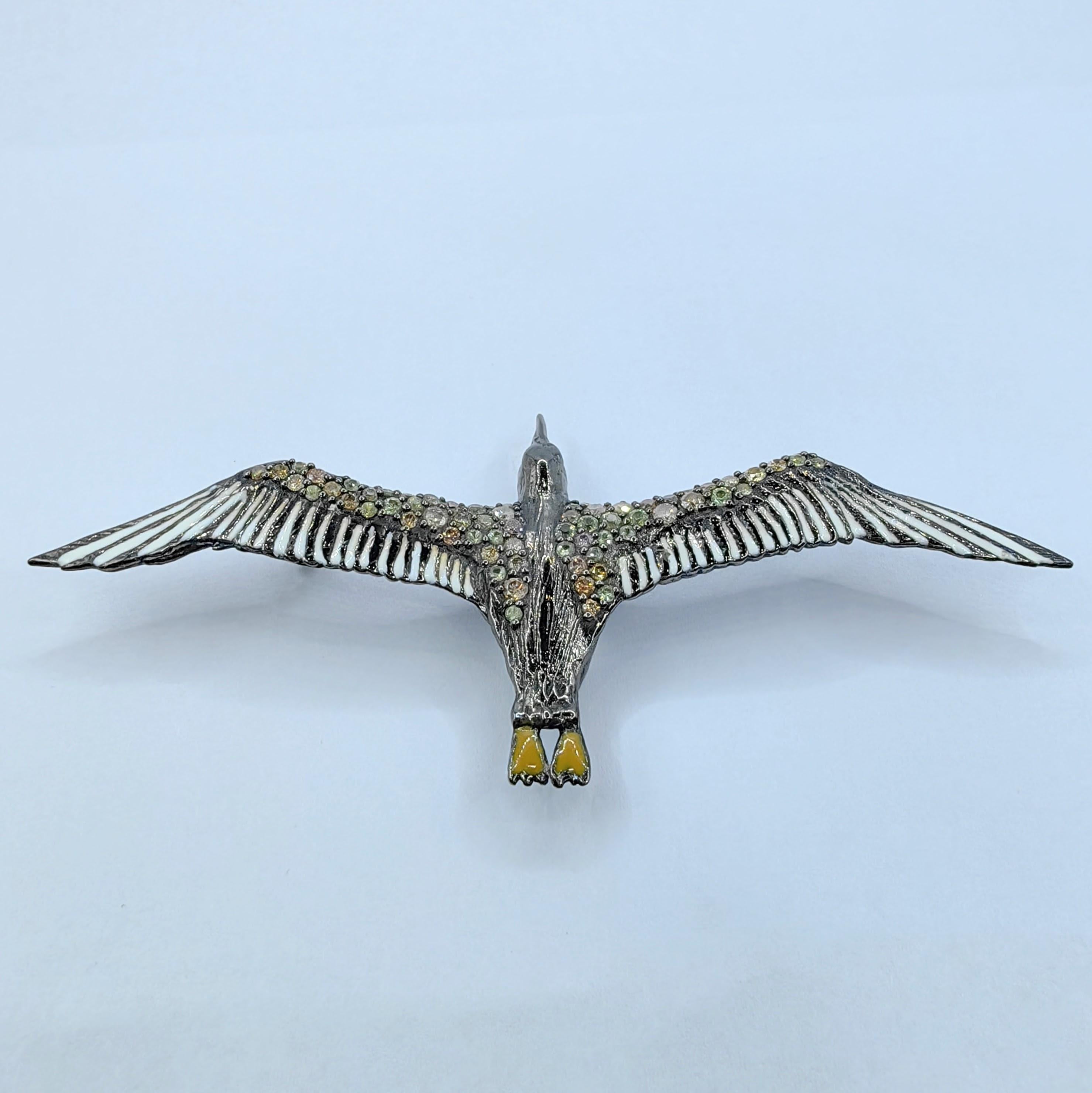 Flying Bird Diamond and Sapphire Enamel Necklace Pendant in Sterling Silver In New Condition In Wan Chai District, HK