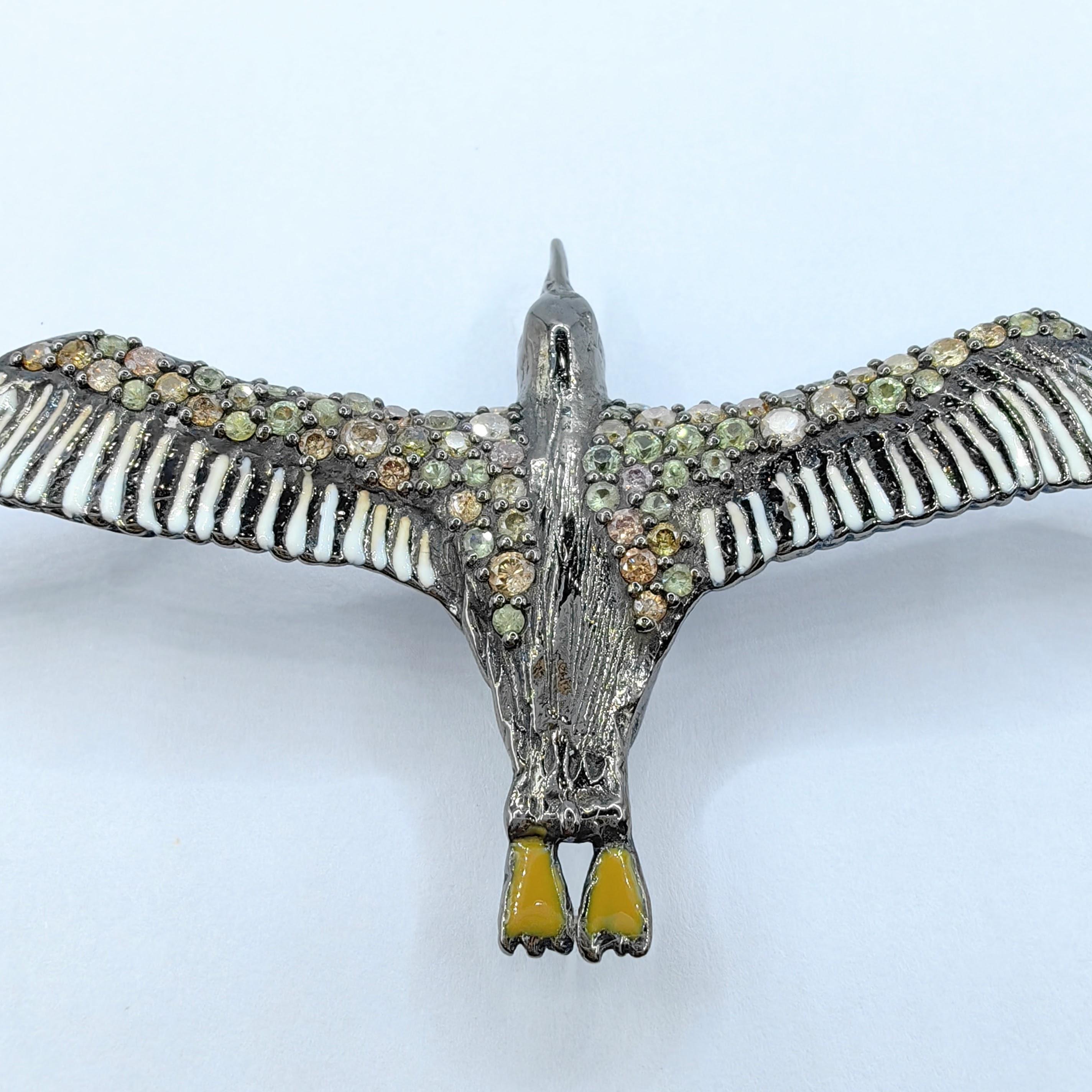 Women's or Men's Flying Bird Diamond and Sapphire Enamel Necklace Pendant in Sterling Silver