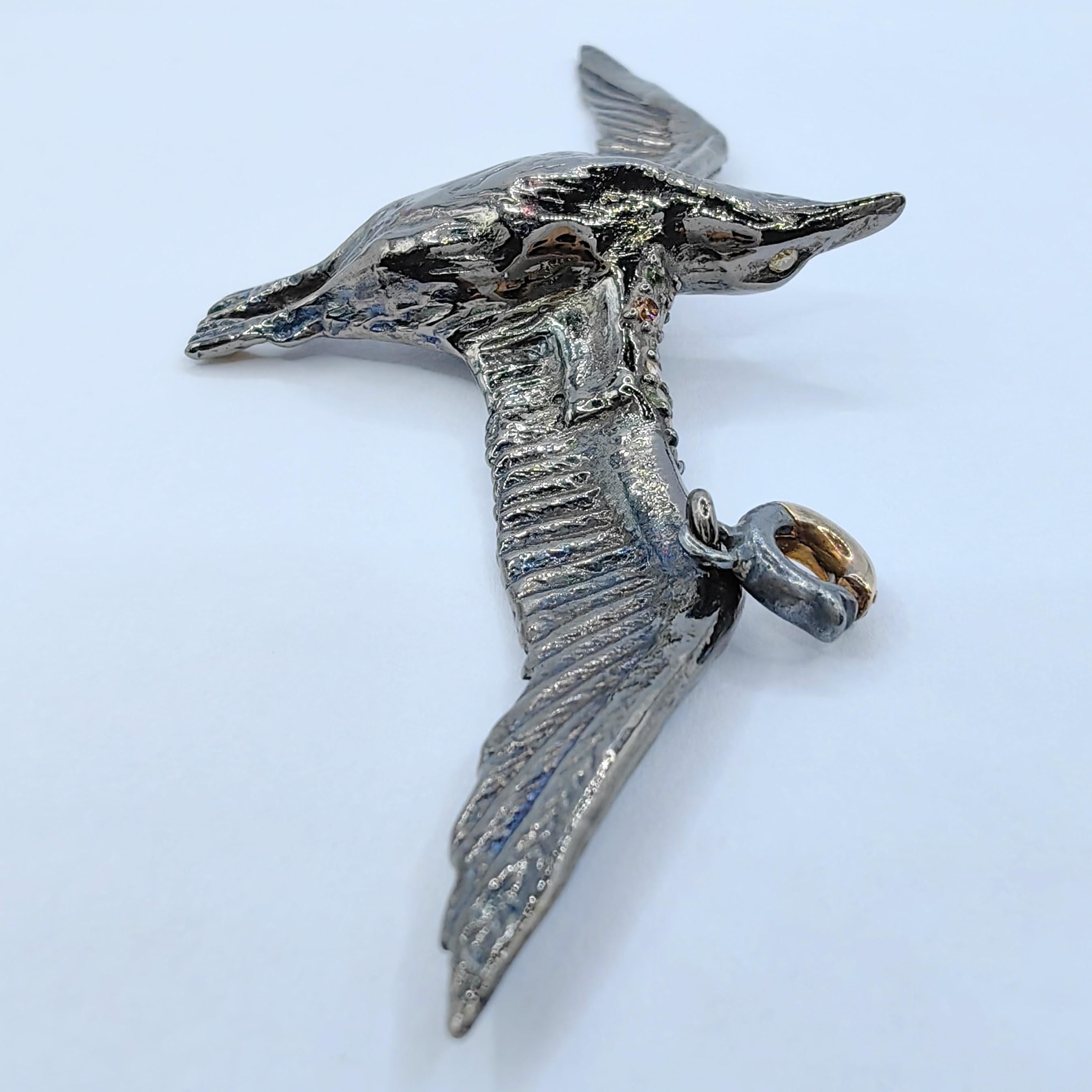 Flying Bird Diamond and Sapphire Enamel Necklace Pendant in Sterling Silver 2