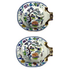 Antique Flying Bird Pair of Small Dessert Dishes by Davenport England Circa 1840